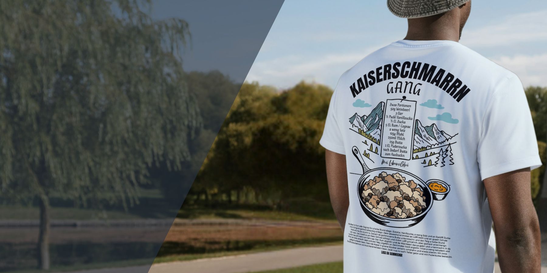 Herren T-Shirt mit bayrischem Kaiserschmarrn Rezept Motiv, modernem Schriftzug und Alpenlandschaft.