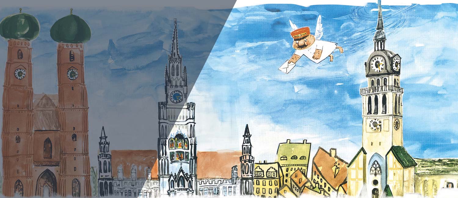 Münchner Stadtbild mit Frauenkirche und Marienplatz, darüber Engel Aloisius im Himmel fliegend, Postbote.