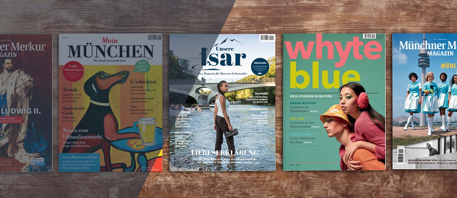 Auswahl von fünf Münchner Merkur Magazinen mit Coverbildern von Ludwig II, Dackel, Isar, Studenten und Retro-Damen.