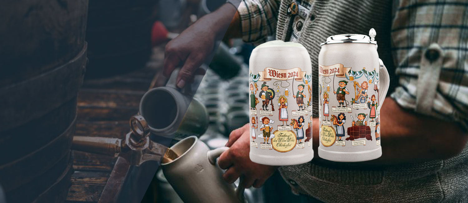 Limitierte Oktoberfest Wiesn Wirtekrüge 2024 aus Keramik mit Zinn-Deckel und bayerischen Motiven.