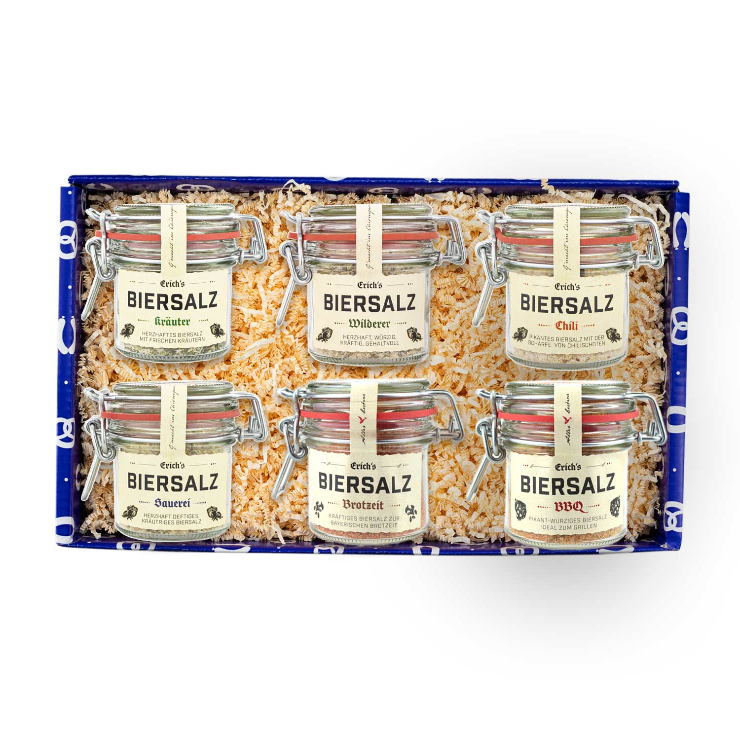 Bayerisches Biersalz-Set mit 6 Sorten im Glas, jeweils mit bedrucktem Etikett, in rechteckiger Geschenkbox.