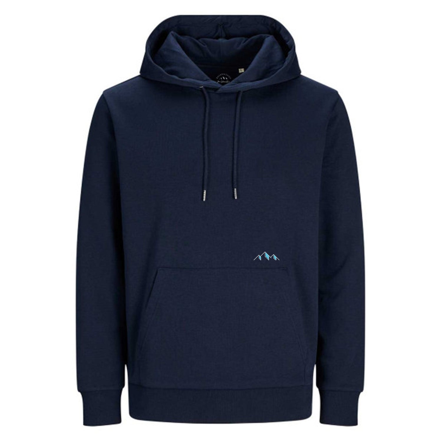 Dunkelblauer Hoodie Himmi Herrgott mit Kapuze, Kängurutasche und kleinem, hellblauem Bergmotiv auf der Brust.