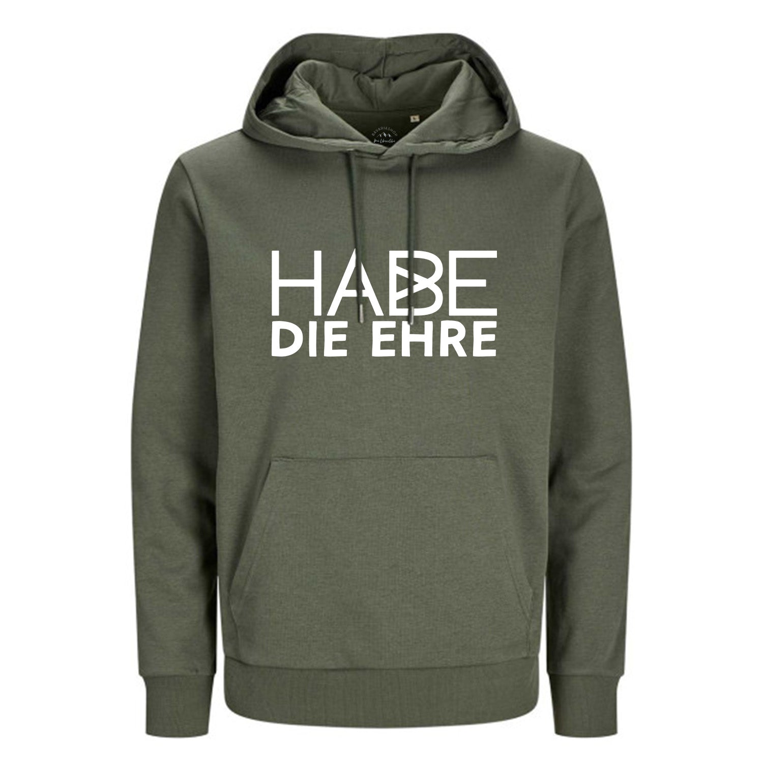 Khakifarbener Hoodie "Habe die Ehre" für Herren, mit Kapuze, Kängurutasche und weißem Schriftzug auf der Brust.