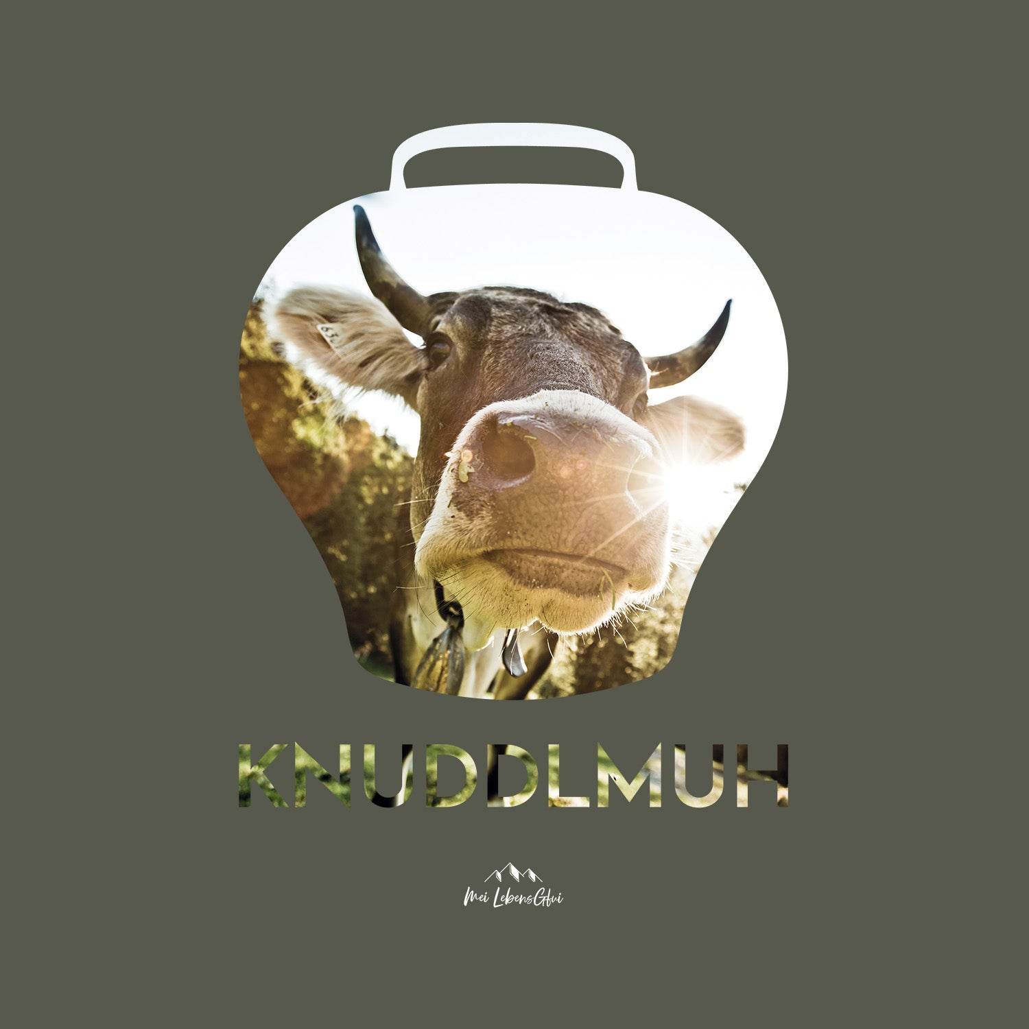 Hoodie Knuddlmuh Design: eine Kuh portrait, frontal gesehen, in einer Glockenform vor grauem Hintergrund.