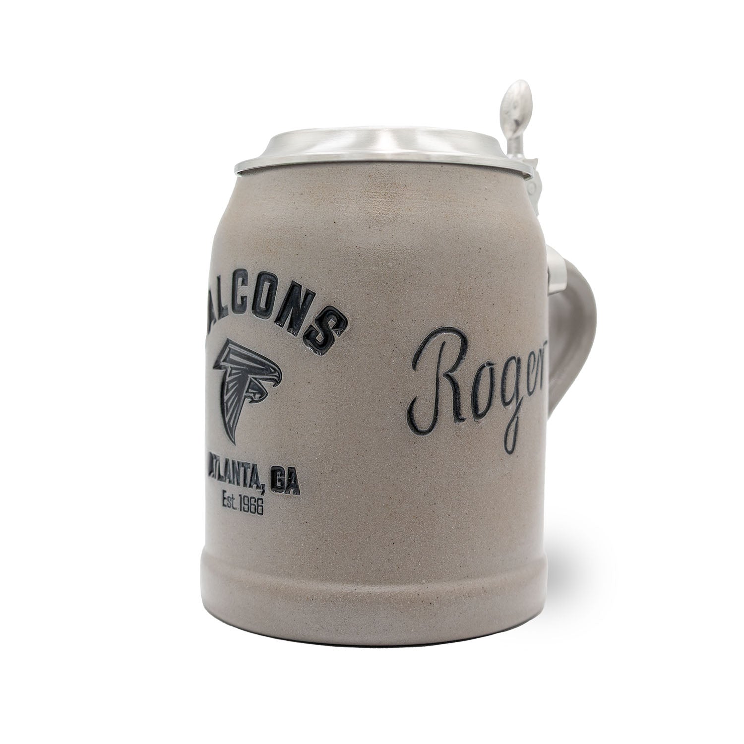 Traditioneller Steinkrug mit Atlanta Falcons Logo, optionalem Zinndeckel und individueller Gravur, 0,5 l.