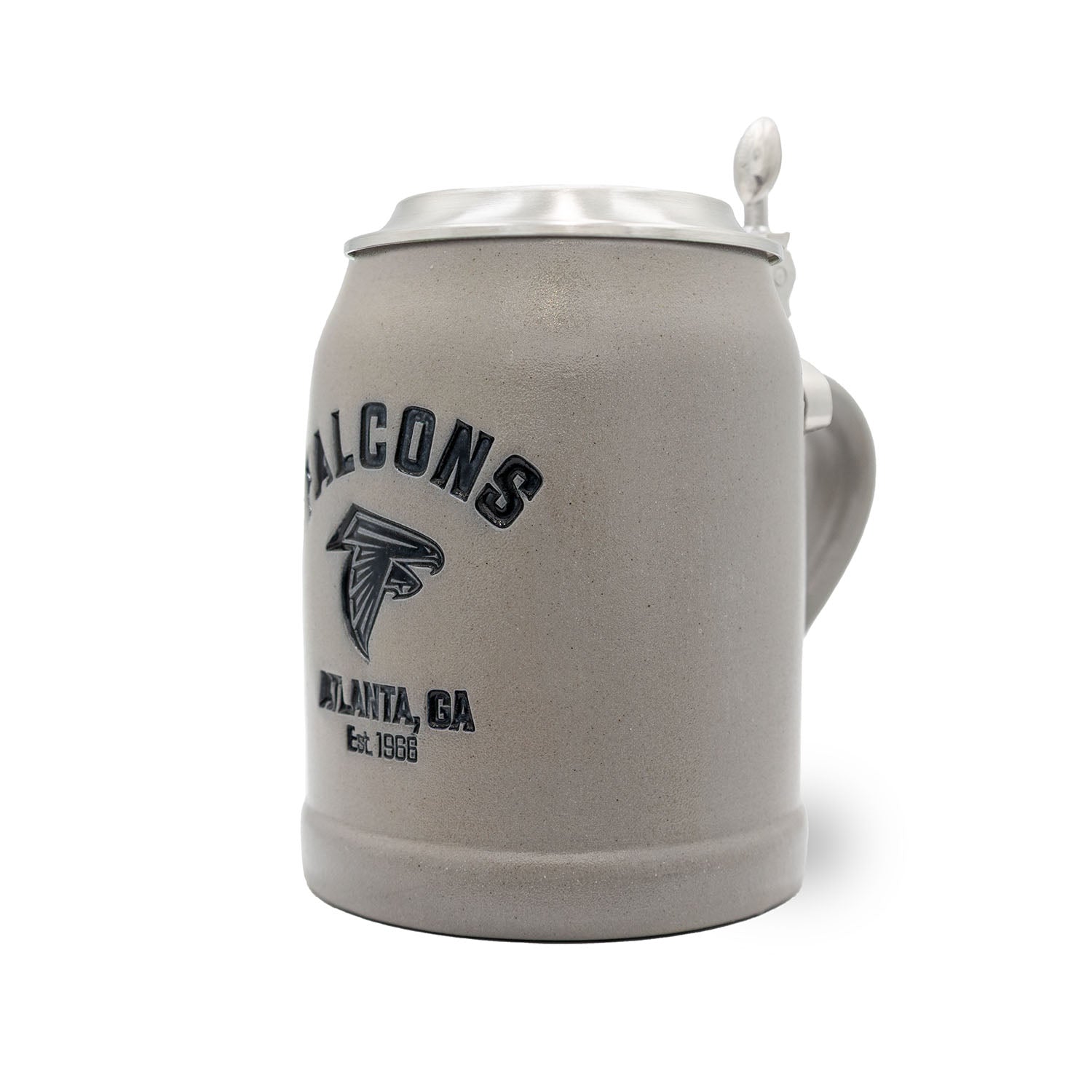 Traditioneller Bierkrug mit Atlanta Falcons Logo, Zinndeckel und optionaler Gravur, aus deutschem Steinzeug, 0,5 L.
