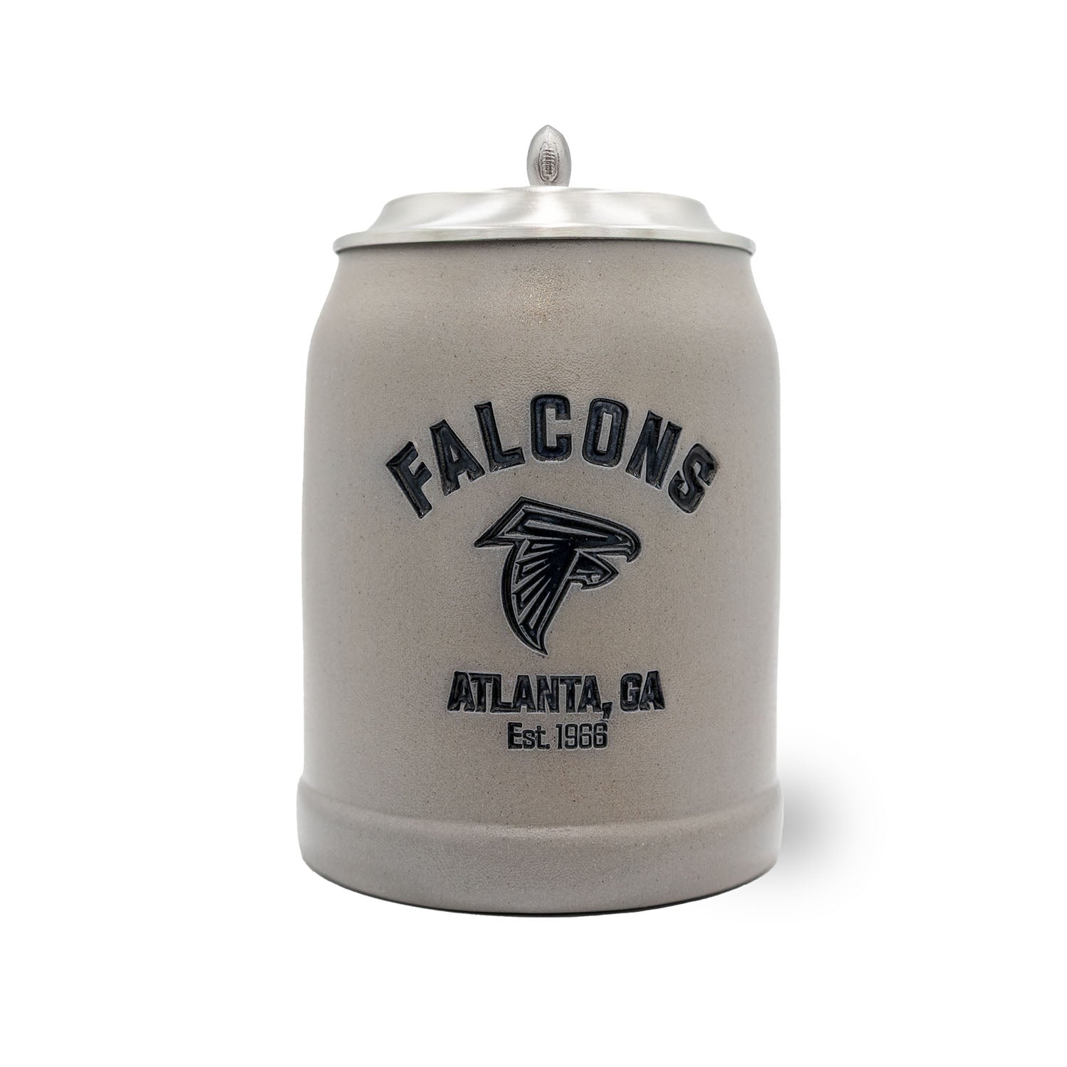 Traditioneller Steinkrug mit Atlanta Falcons Logo, Zinndeckel, Gravurfläche und strukturierter Oberfläche, 0,5 Liter.