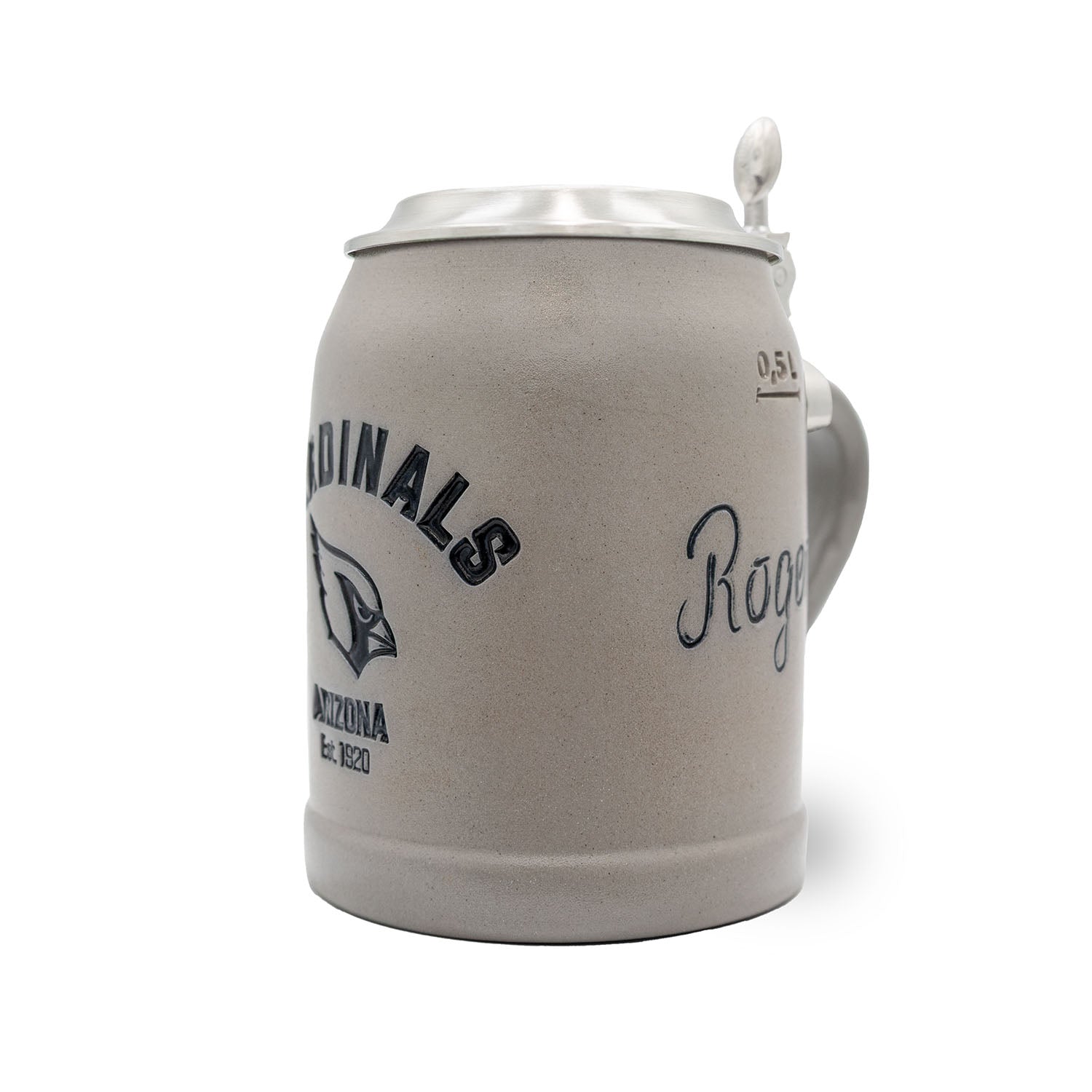 Steinkrug mit Arizona Cardinals-Logo, Zinndeckel und individueller Gravur, handgefertigt, 0,5 Liter, Steinzeug.