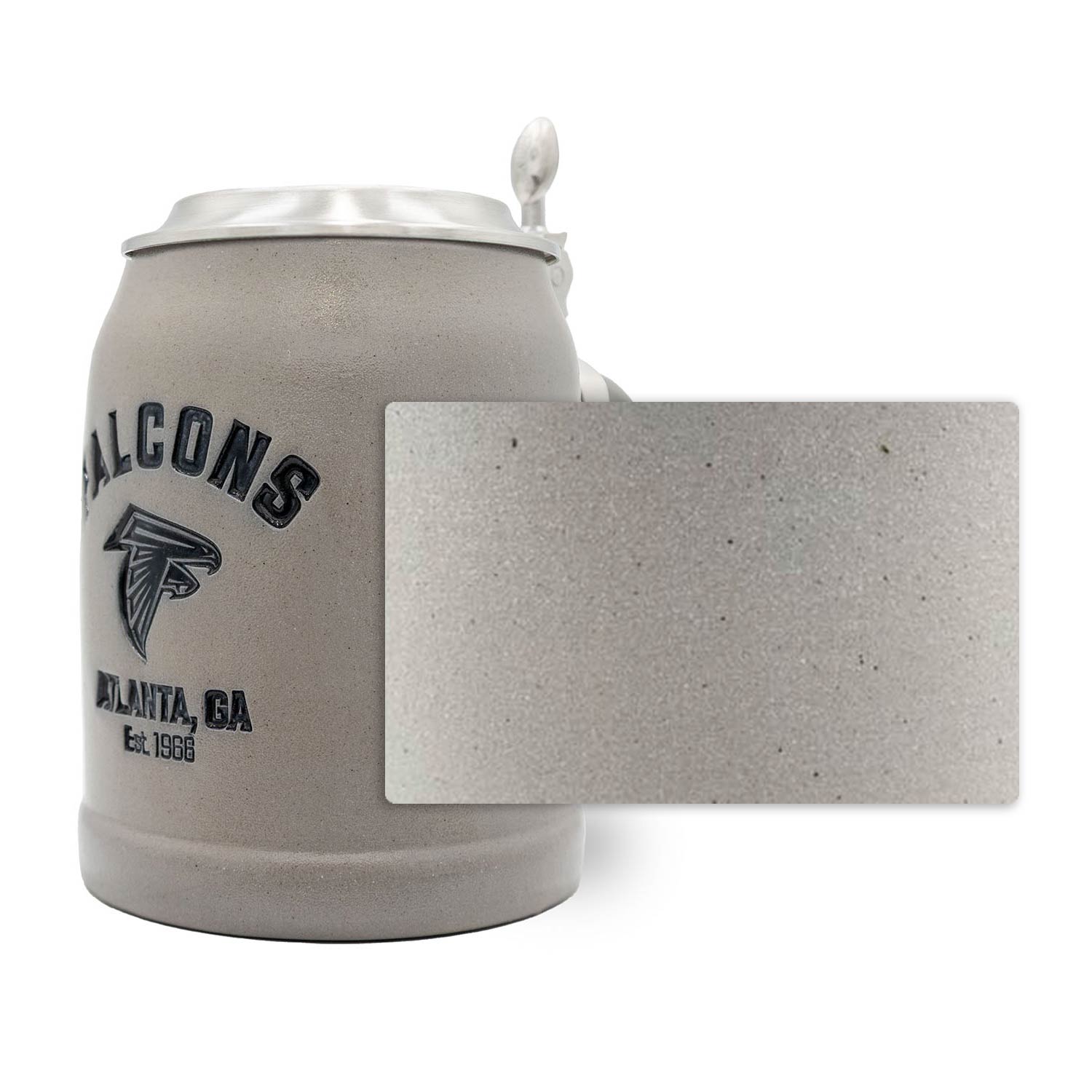 Steinbierkrug mit Atlanta-Falcons-Logo, gravierbarem Zinndeckel, Henkel und Zierband, handgefertigt, 0,5 l.