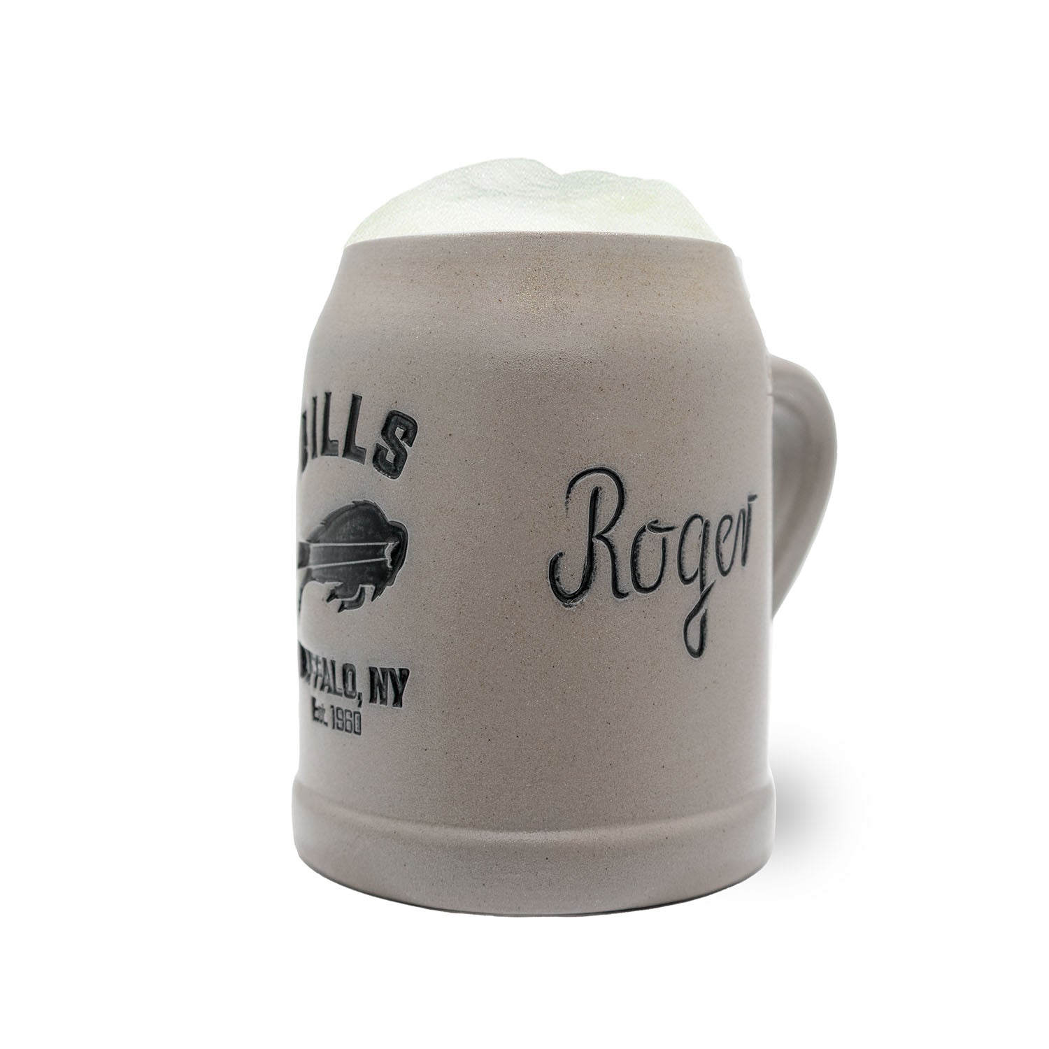 Steinbierkrug mit Buffalo Bills Logo, strukturierter Oberfläche, Henkelgriff, optional personalisiert, 0,5 Liter.