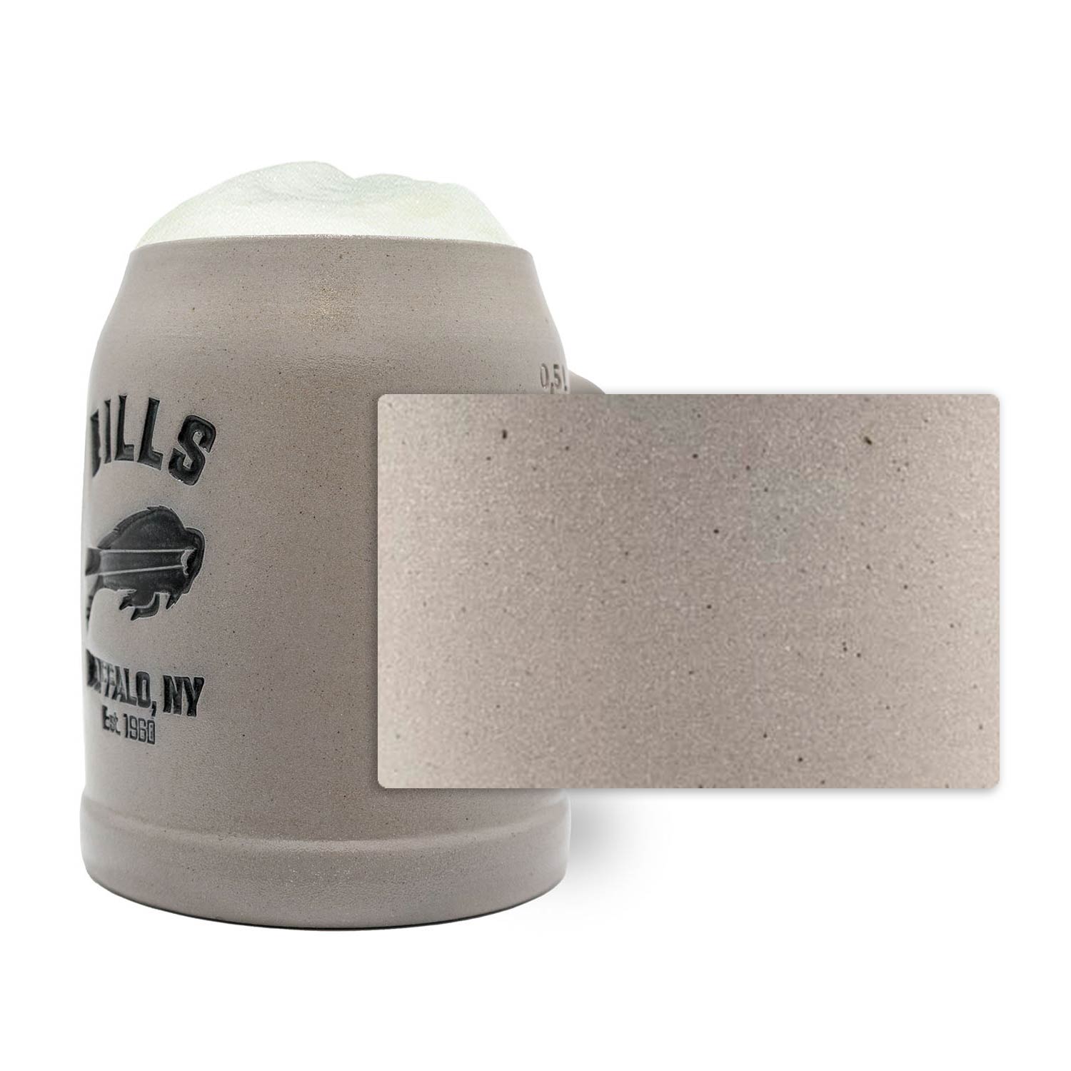 Steinkrug mit Buffalo Bills Logo und optionalem Zinndeckel, aus Keramik mit Griff, gravierbar, 0,5 Liter.