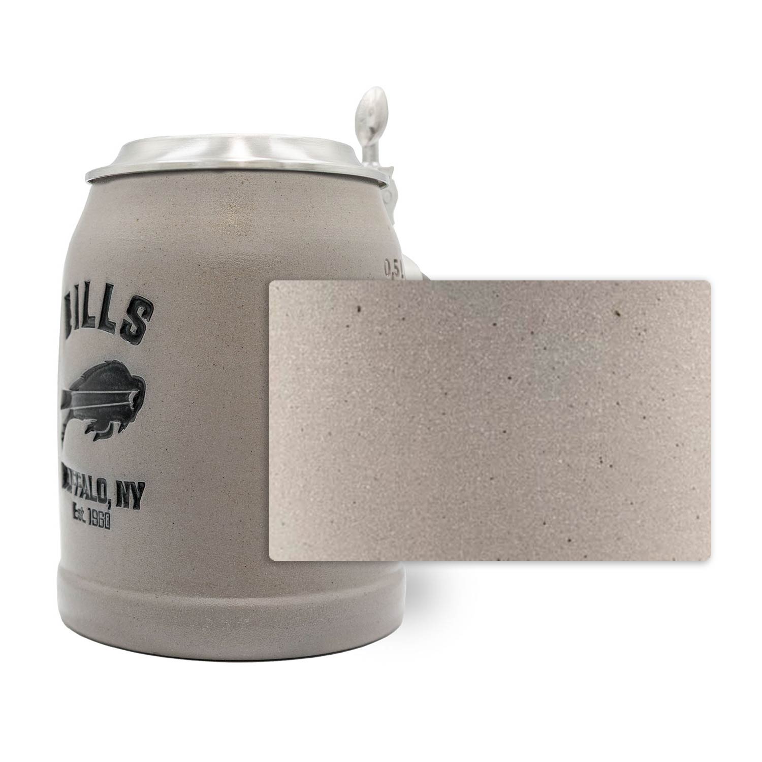 Steinbierkrug mit "Buffalo Bills"-Logo, Zinndeckel mit Gravurvorschau, optional personalisierbar, 0,5 Liter.