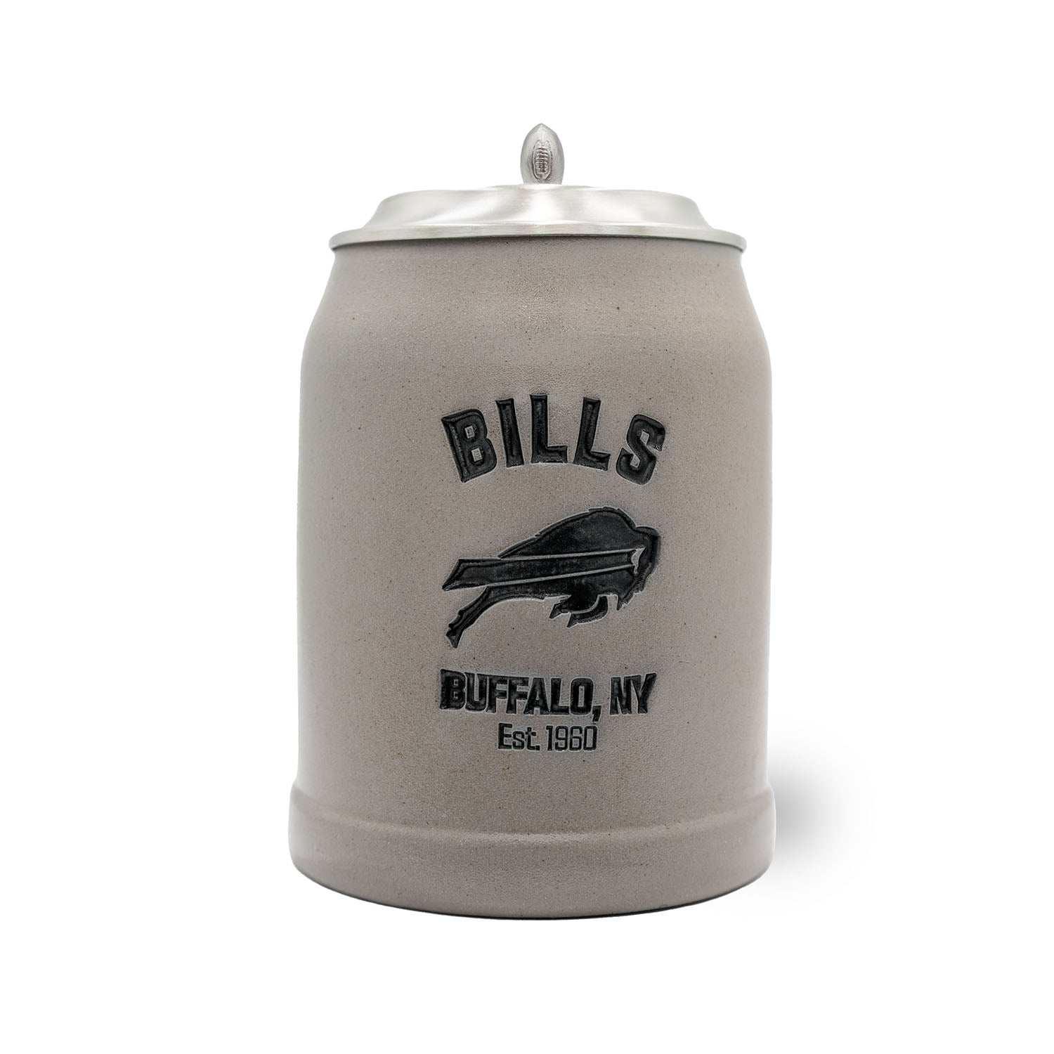 Traditioneller Steinkrug mit Buffalo Bills Logo, Zinndeckel, strukturierter Oberfläche und Gravurfläche, 0,5 l.