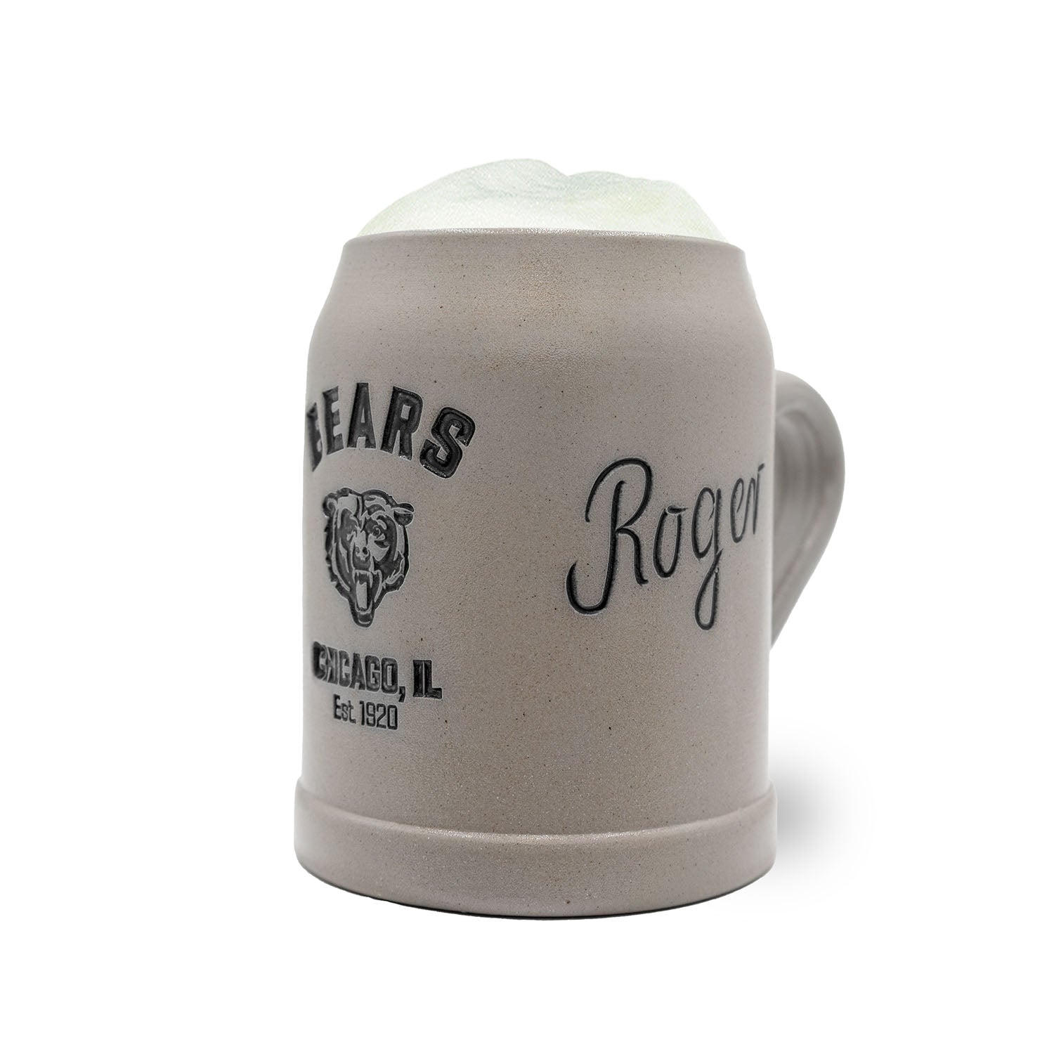 Handgefertigter Steinkrug mit Chicago Bears Logo und optionaler Gravur, mit Henkel und Zinn-Deckel, 0,5 L.