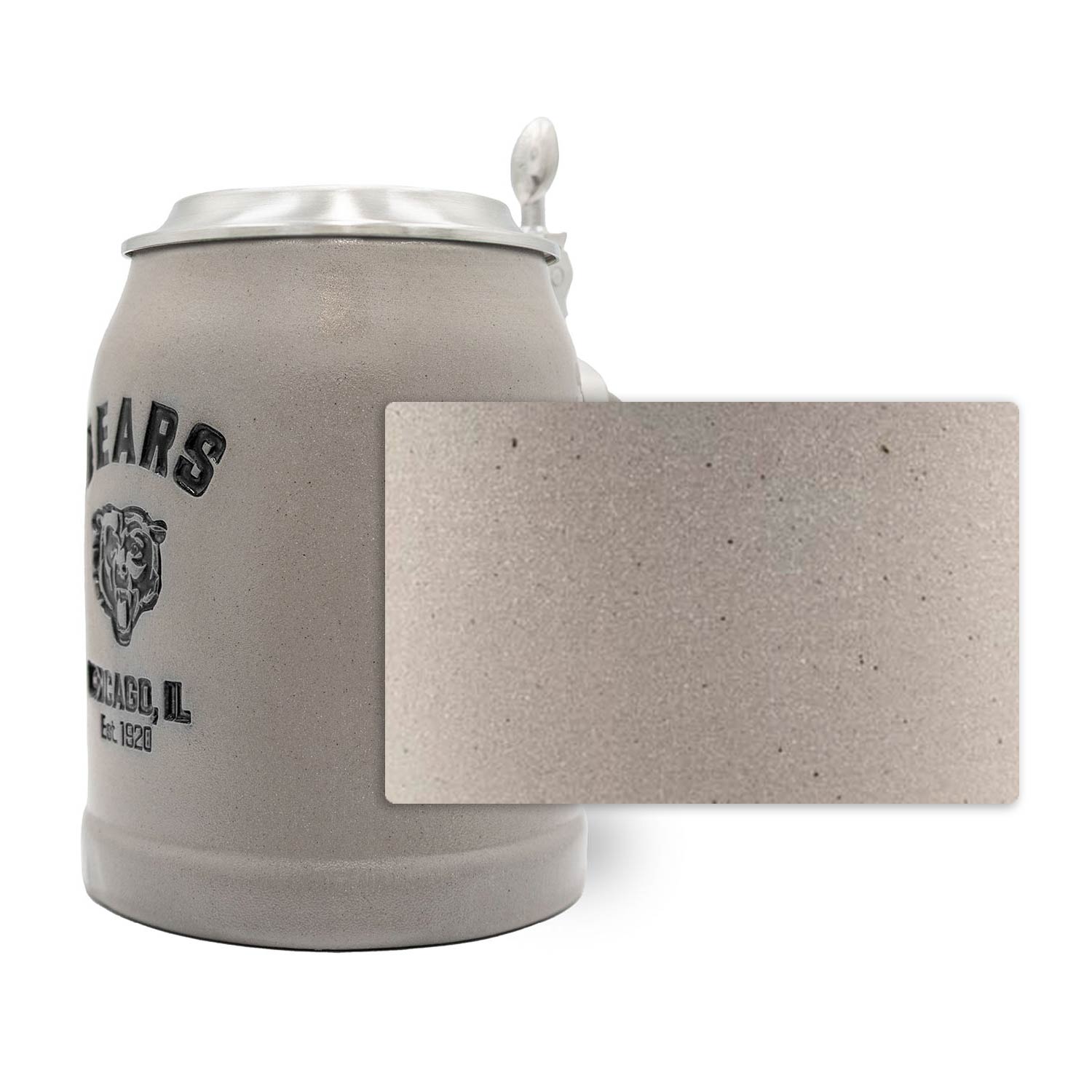 Steinkrug mit "Chicago Bears" NFL-Logo, gravierbarem Zinndeckel, Henkelgriff und matter Oberfläche, 0,5 Liter.