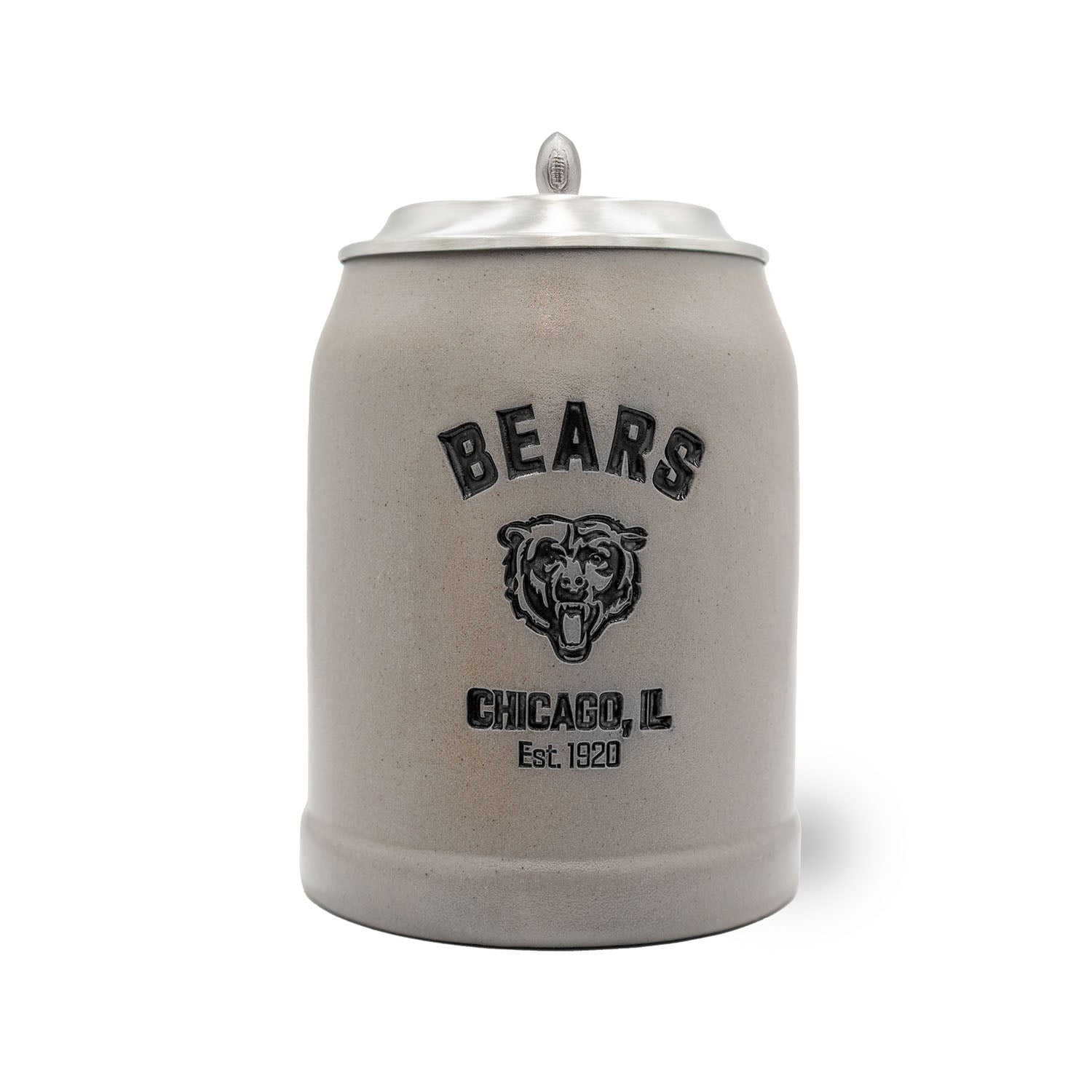 Halbliter-Bierkrug aus Steinzeug mit Chicago Bears Logo, optional personalisierbar und mit Zinndeckel.