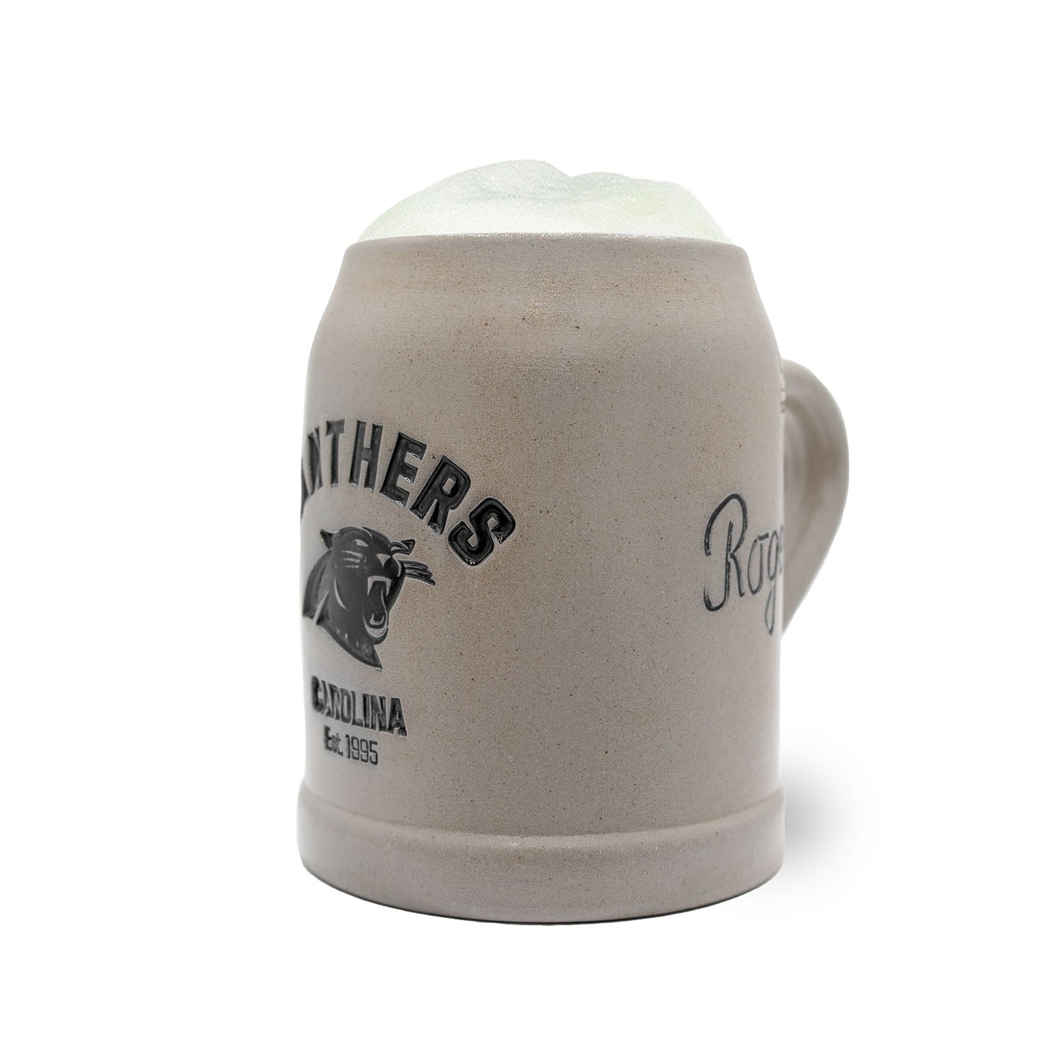 Traditioneller Steinkrug mit Carolina Panthers Logo, individuelle Gravur möglich, optional mit Zinndeckel, 0,5 l.