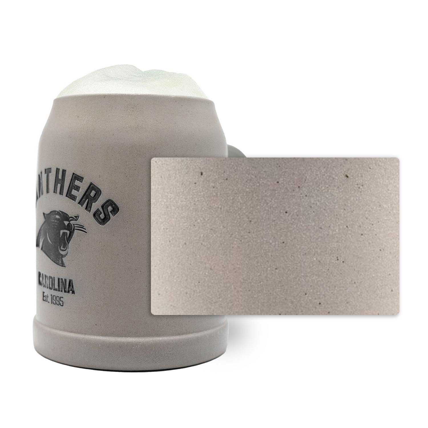 Steinkrug mit Carolina Panthers Logo, optionaler Gravur, Zinndeckel und strukturierter Oberfläche, 0,5 L.