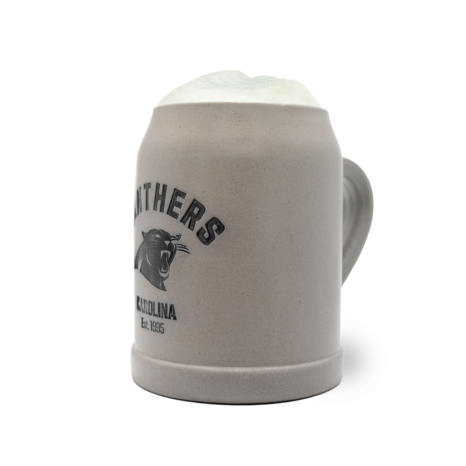 Traditioneller Steinkrug mit NFL Carolina Panthers Logo, Gravurfläche, Henkel, optionalem Zinndeckel, 0,5 L.