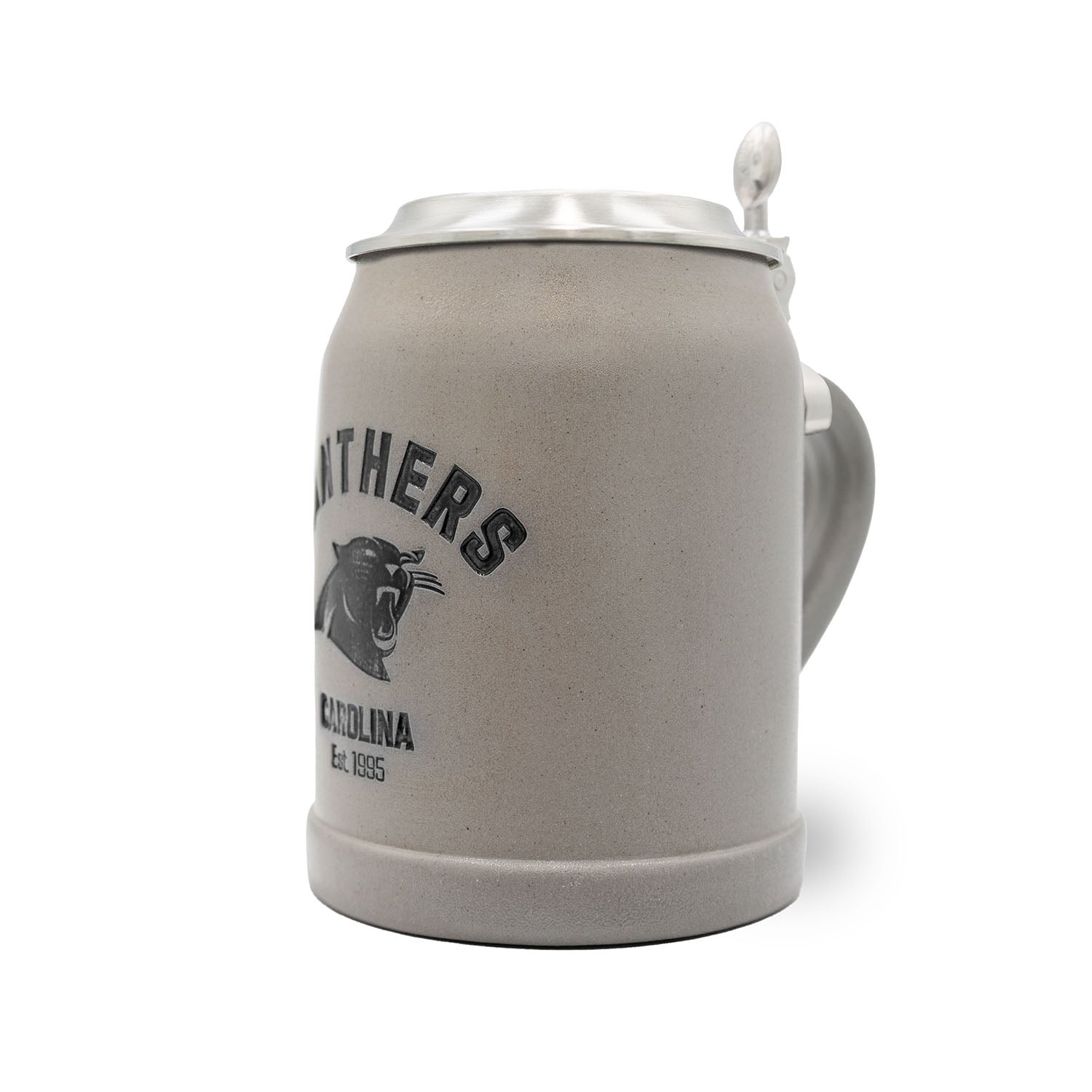 Handgefertigter Steinkrug mit Carolina-Panthers-Logo, optional gravierter Zinndeckel, 0,5 Liter Fassungsvermögen