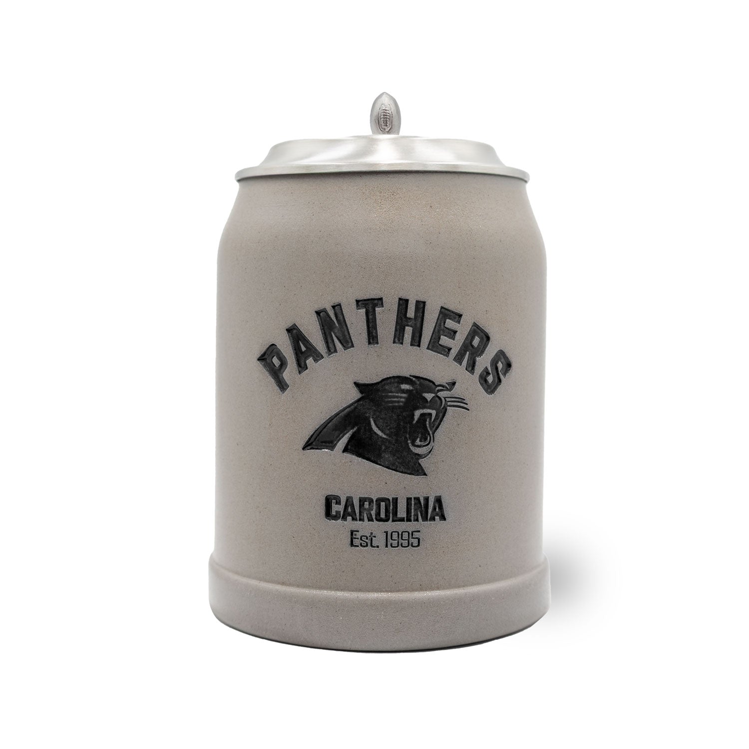 Traditioneller Steinkrug mit Carolina Panthers Logo, Zinndeckel, Gravurfläche, 0,5 l, handgefertigt in Deutschland.