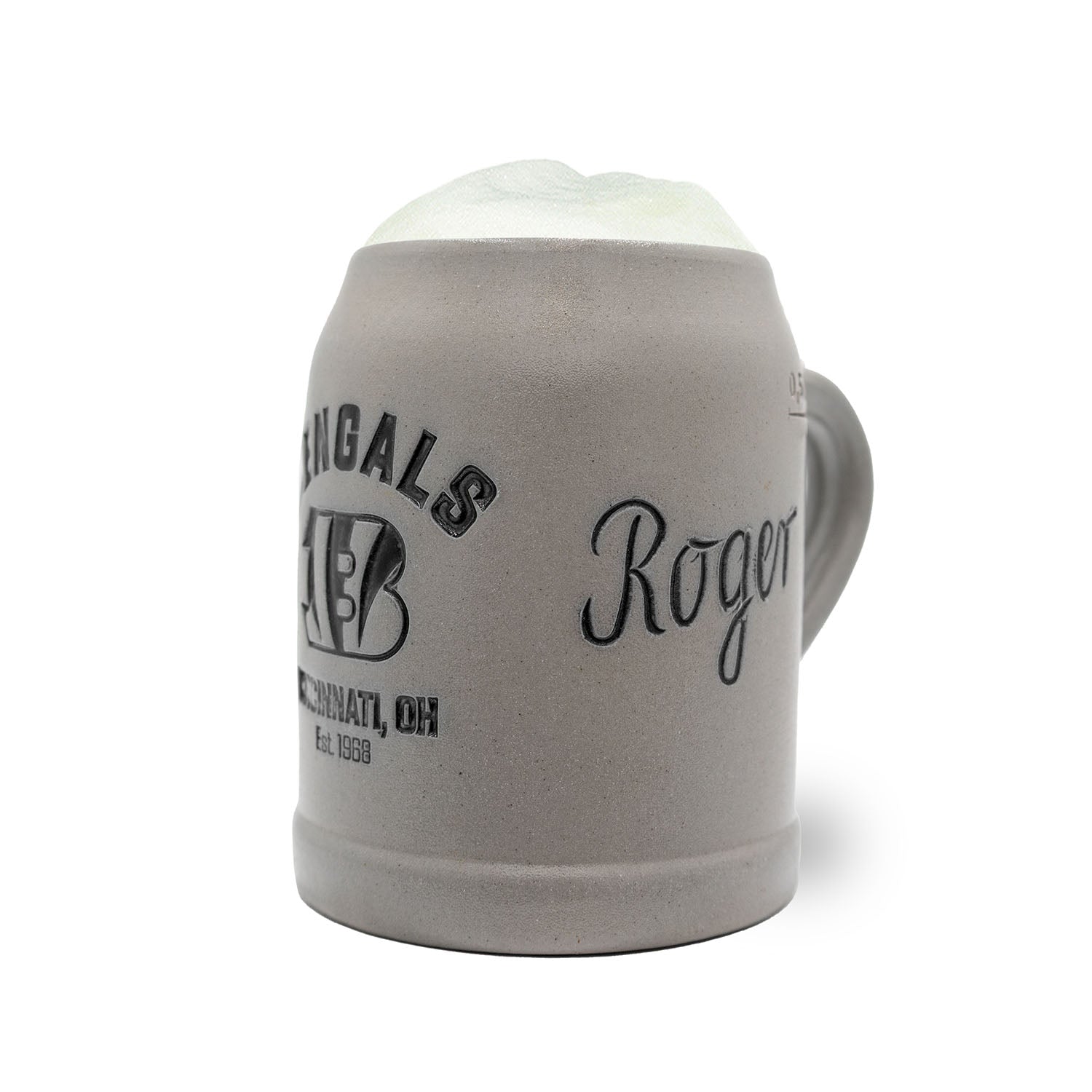 Traditioneller Bierkrug mit Cincinnati Bengals Logo, optional personalisiert und mit Zinndeckel, aus Steingut, 0,5 l.
