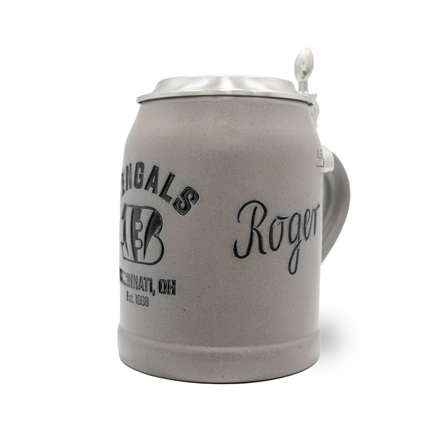 Hochwertiger Steinkrug mit Cincinnati Bengals Logo, opcional mit Zinndeckel und Wunschgravur, 0,5 l.