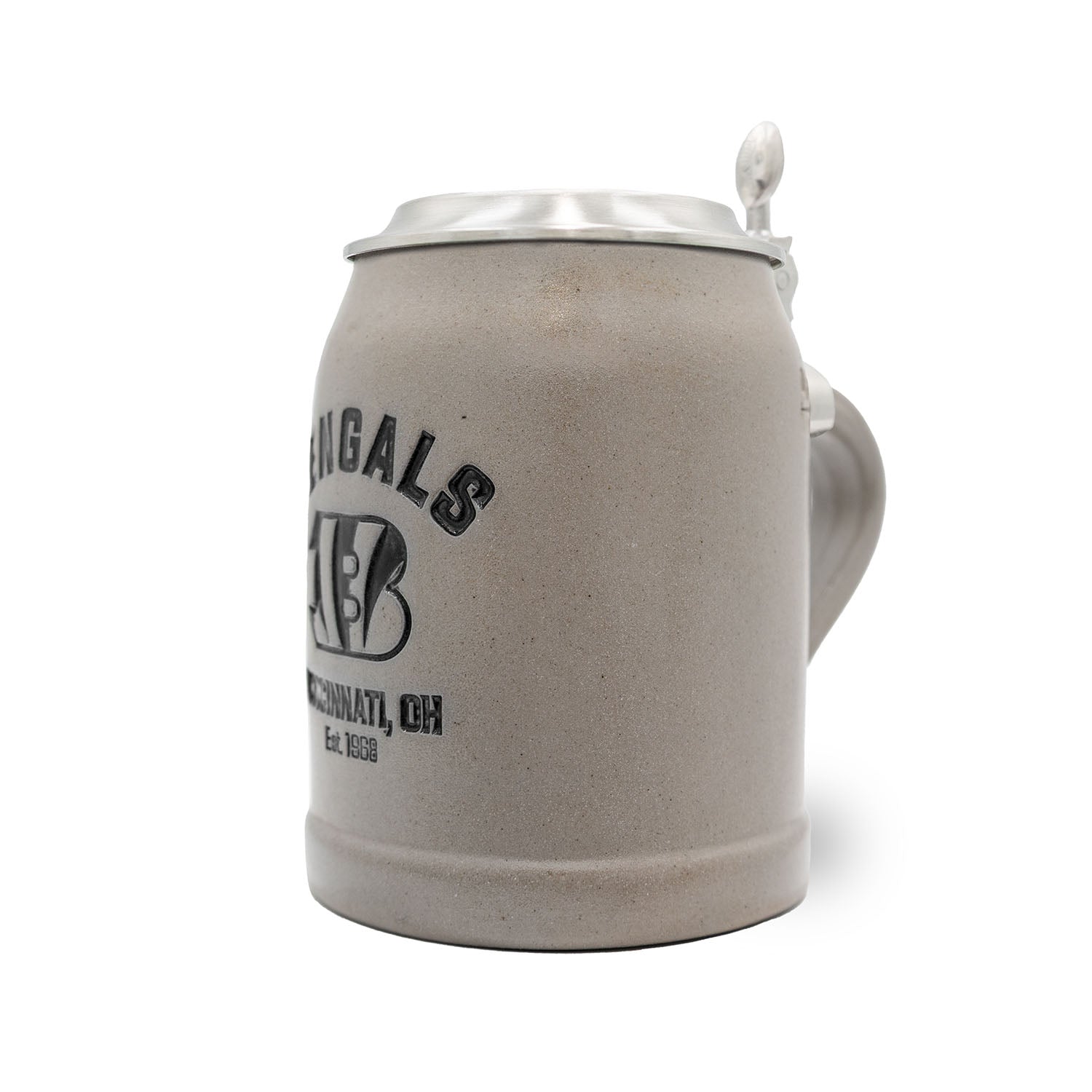 Hochwertiger Steinkrug mit graviertem Cincinnati Bengals Logo, Zinndeckel, optional personalisierbar, 0,5 l.