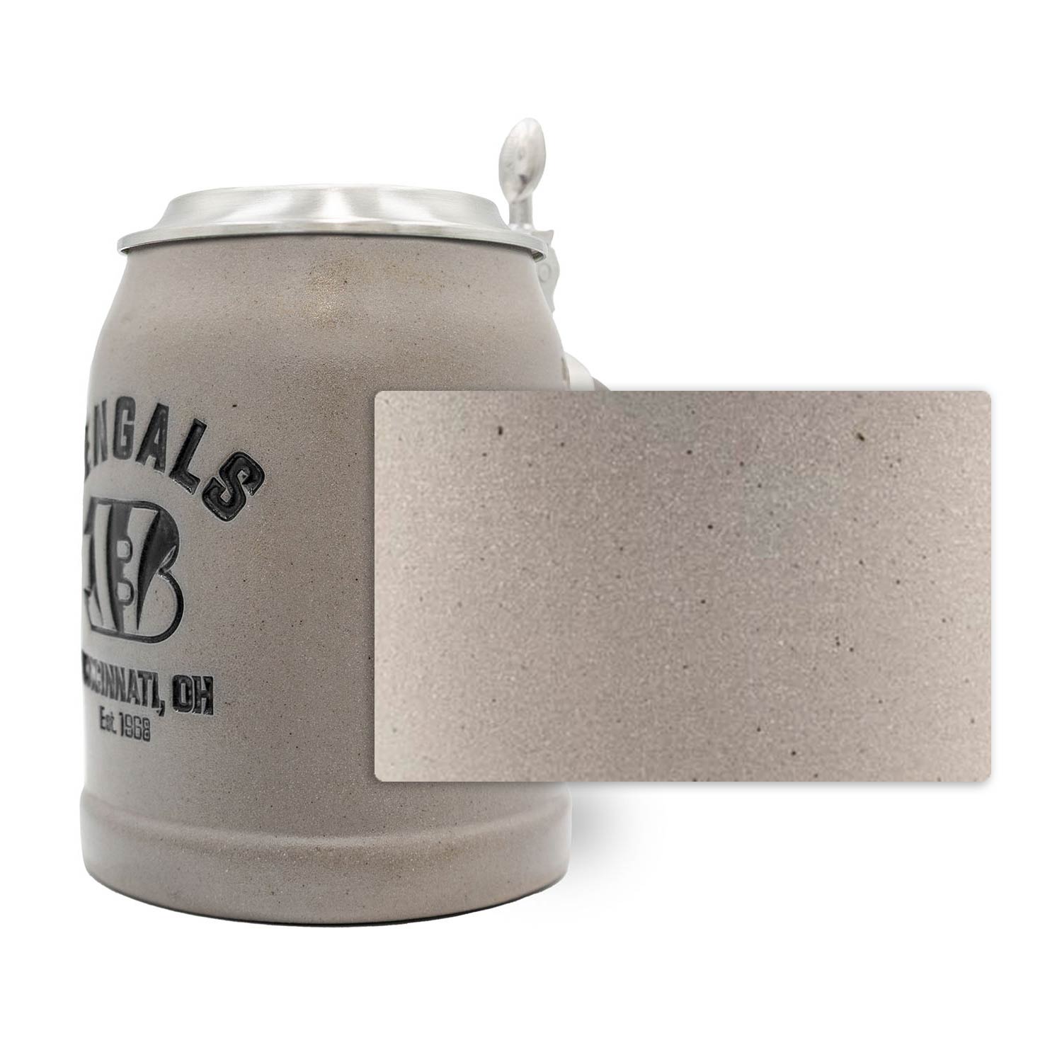 Steinkrug mit Cincinnati Bengals NFL-Logo, gravierter Zinndeckel, traditionell gefertigt, 0,5 l, mattgrau.
