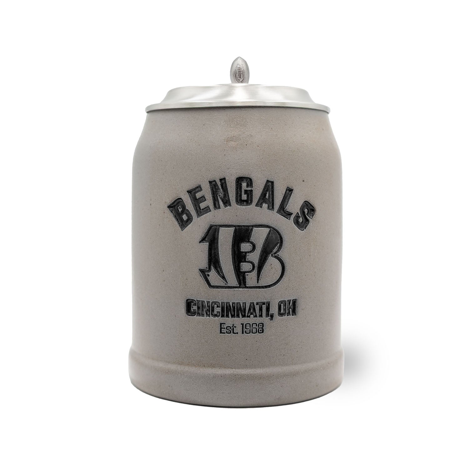 Traditioneller Bierkrug aus Stein mit Cincinnati Bengals Logo und optional graviertem Zinndeckel, 0,5 Liter.