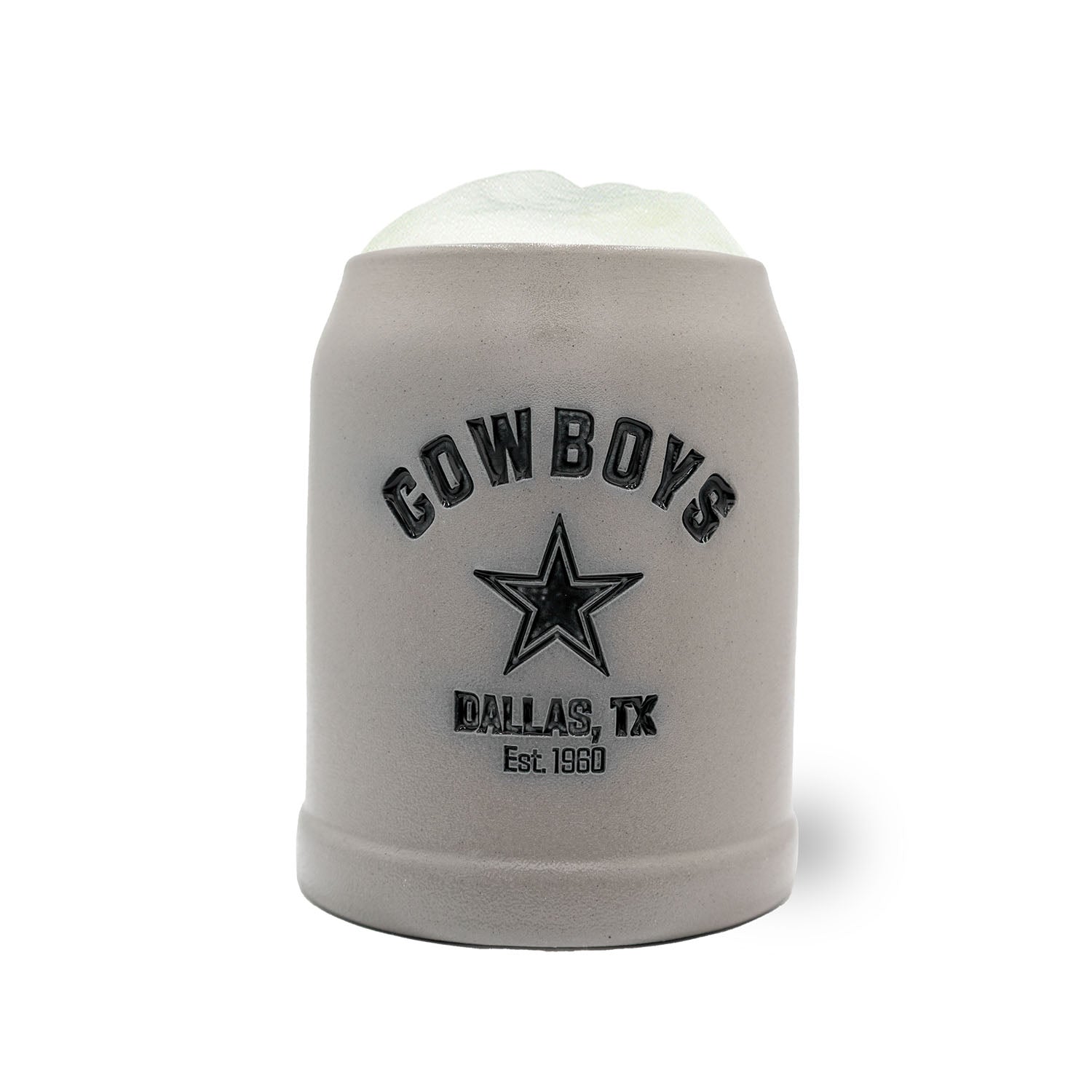 Steinbierkrug mit Dallas Cowboys Logo und NFL-Schriftzug, optional mit Zinndeckel, aus Keramik, 0,5 Liter.