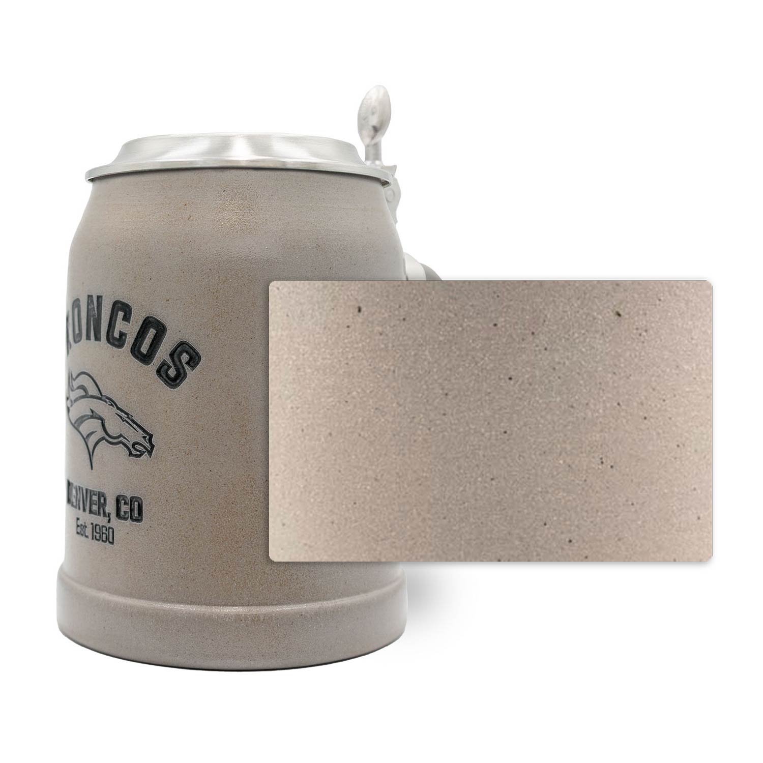Traditioneller Steinkrug mit Denver Broncos Logo, Zinndeckel mit Gravurfeld, optional personalisierbar, 0,5 l.