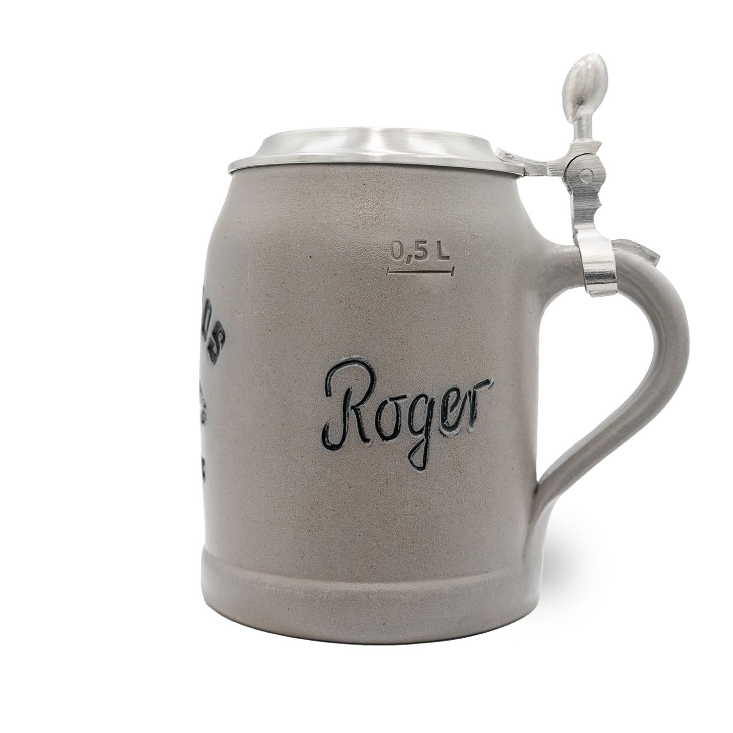 Hochwertiger NFL Bierkrug aus Stein mit Denver Broncos Logo, Zinndeckel, Gravurfläche und Griff, 0,5 Liter.