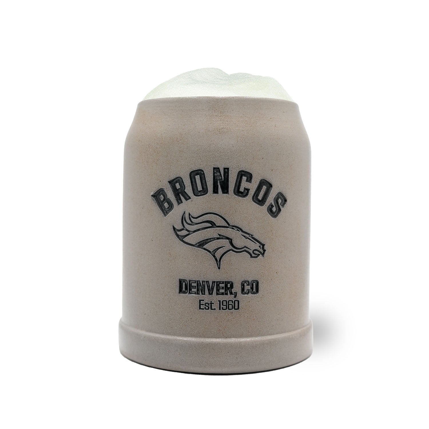 Hochwertiger Bierkrug aus Stein mit Denver Broncos Logo, optional personalisierbar und mit Zinndeckel, 0,5 L.