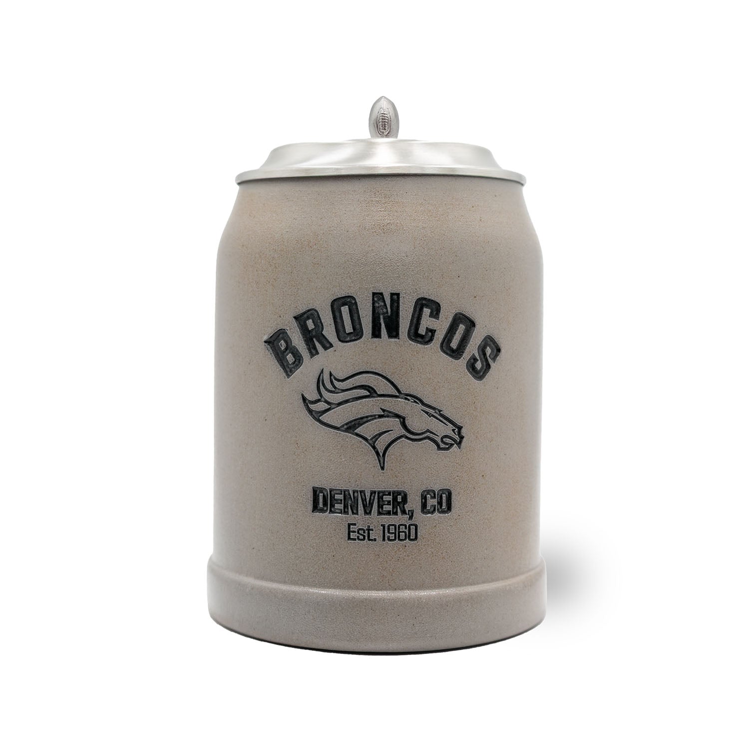 Hochwertiger Steinkrug mit Denver-Broncos-Logo, optional gravierbarem Zinndeckel und Henkelgriff, Fassungsvermögen 0,5 l.