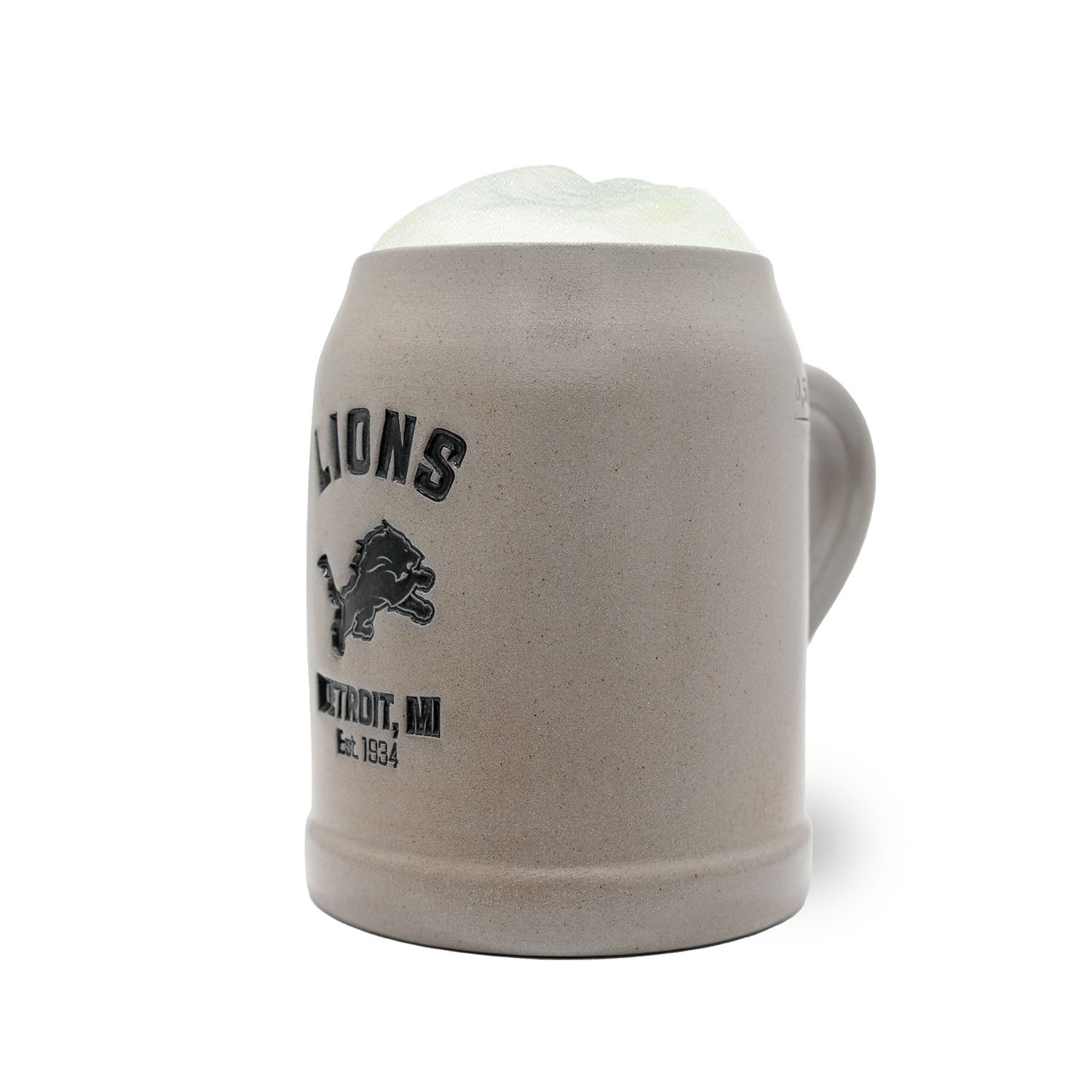 Handgefertigter NFL Steinkrug mit Detroit Lions Logo, Zinndeckel optional, Fassungsvermögen 0,5 Liter.