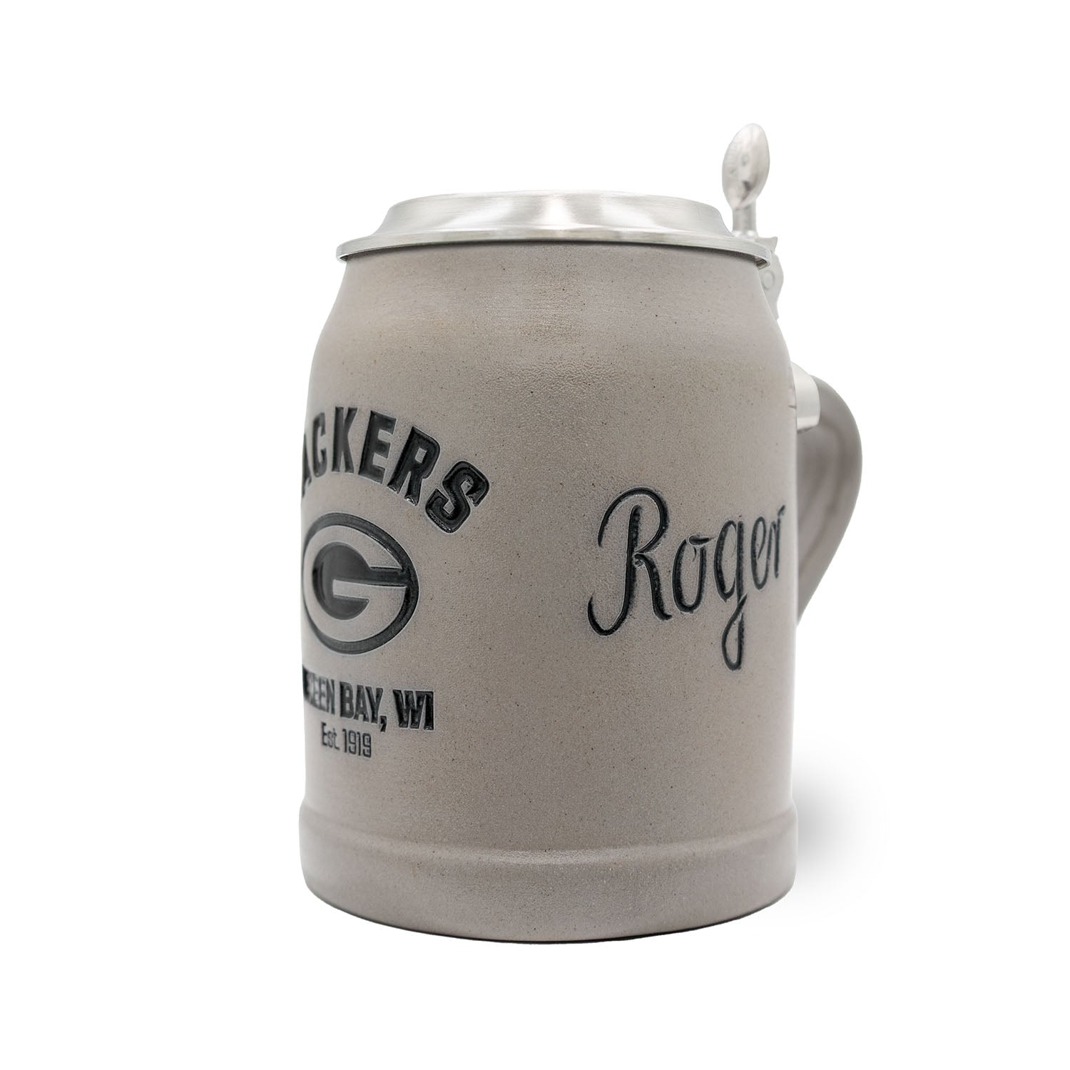 Hochwertiger Steinkrug mit Green Bay Packers Logo, optional gravierter Zinndeckel, Fassungsvermögen 0,5 l.