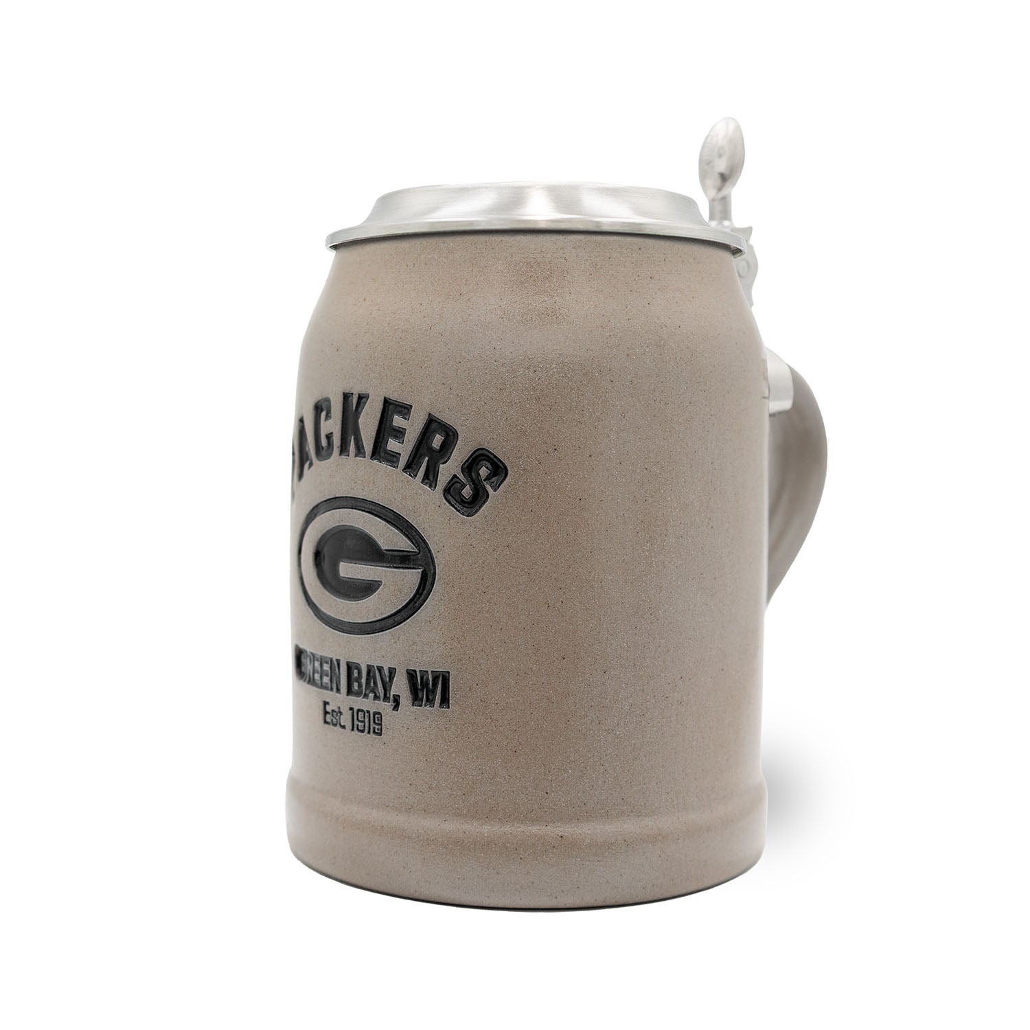 Traditioneller Bierkrug mit Green Bay Packers Logo, Zinndeckel und individueller Gravur, aus Steinzeug, 0,5 L.