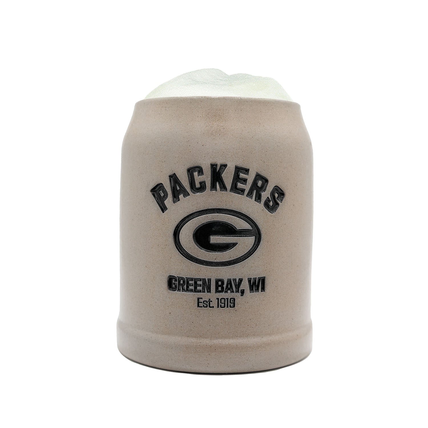 Halb-Liter-Bierkrug aus Steinzeug mit Green Bay Packers Logo, optional mit Gravur und Zinndeckel erhältlich.