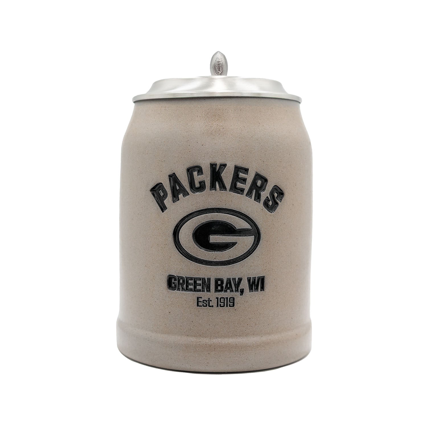 Traditioneller NFL Bierkrug mit Green Bay Packers Logo, Zinndeckel und Gravurfläche, Steinzeug, 0,5 Liter.