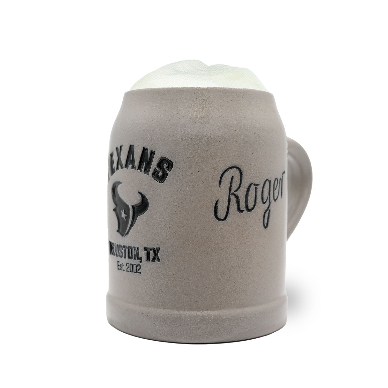 Steinkrug mit Houston Texans Logo, gravierbarem Zinndeckel und Henkel, gefertigt aus Steinzeug, 0,5 Liter.