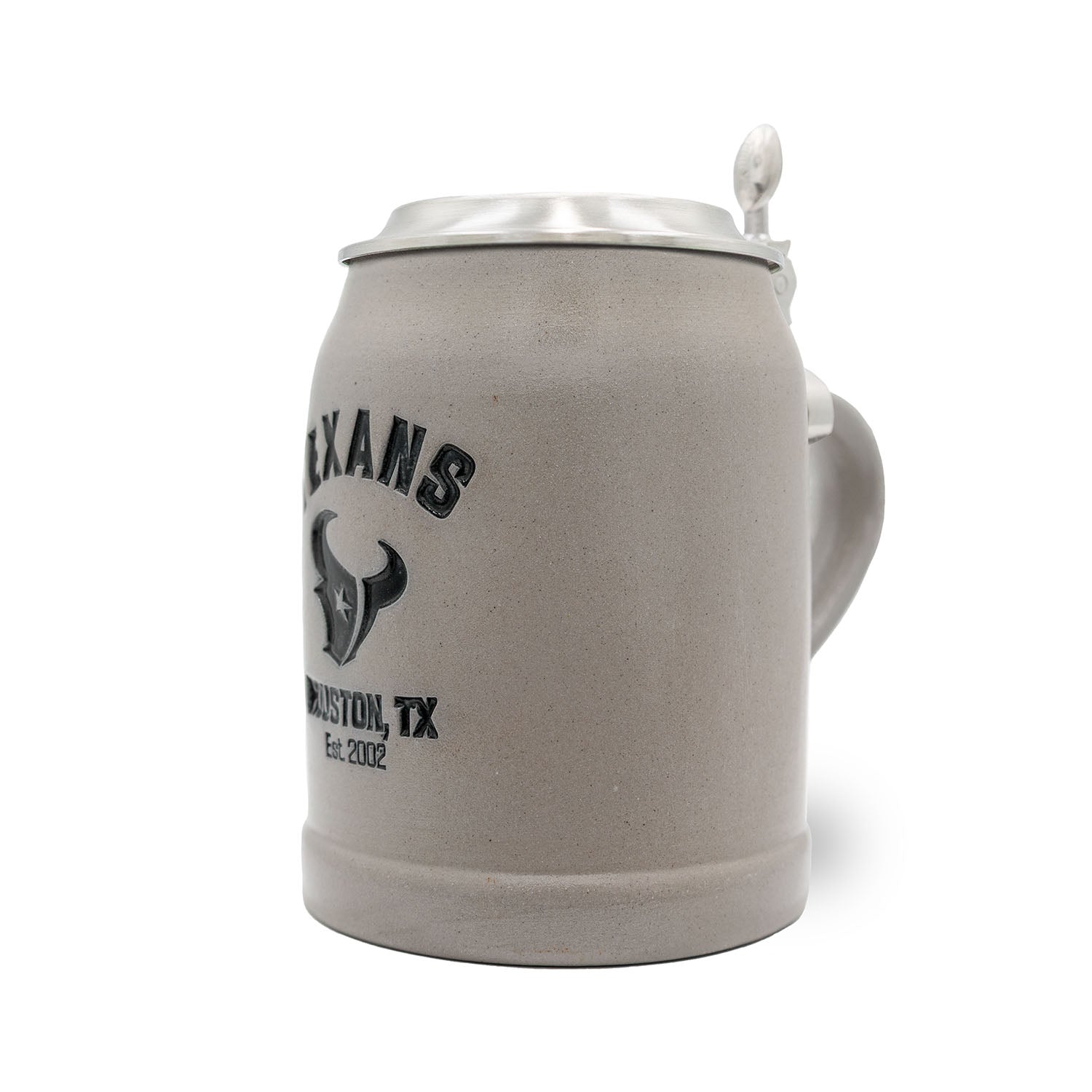 Traditioneller Bierkrug aus Stein mit Houston Texans Logo, Zinndeckel mit Gravurfläche, Fassungsvermögen 0,5 l.