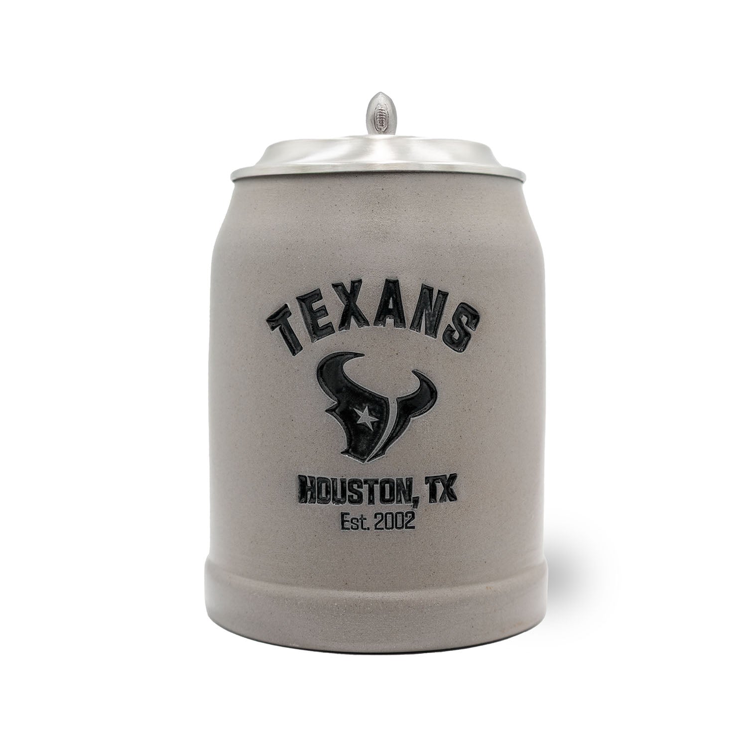 Handgefertigter Steinkrug mit Houston Texans Logo, optional personalisierbar, mit Zinndeckel, 0,5 Liter.