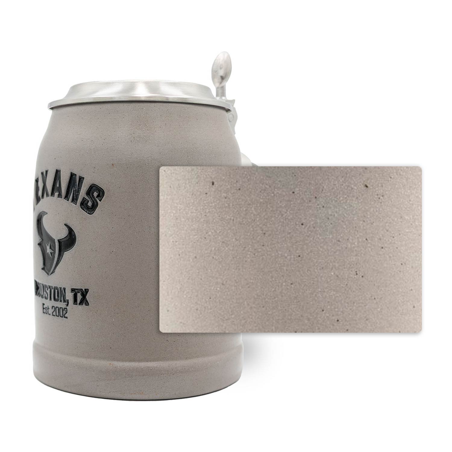 Steinkrug mit Houston Texans Logo, Gravur auf Zinndeckel, bauchige Form, Zinn-Deckel, 0,5 Liter, Keramik.