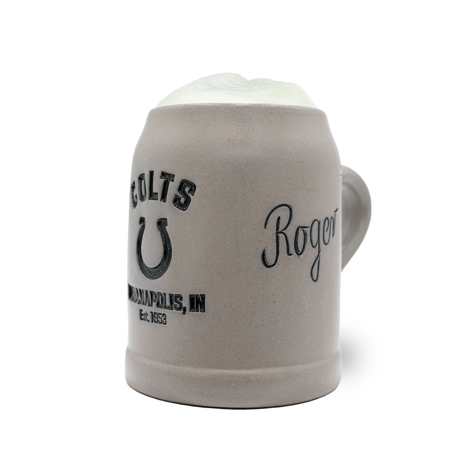 Steinkrug mit sichtbarem Indianapolis Colts Logo und optionalem Zinndeckel, aus Keramik, personalisierbar, 0,5 l.