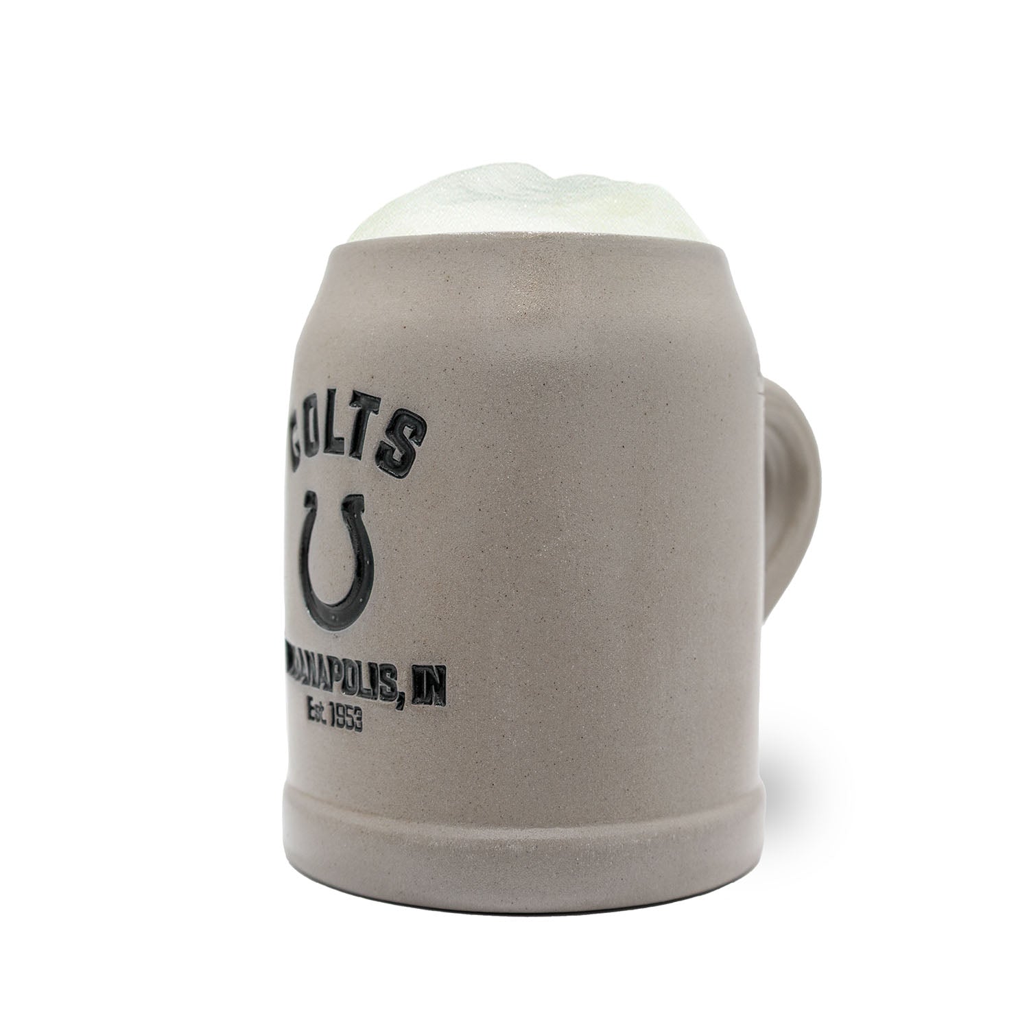 Steinkrug mit Indianapolis Colts Logo, gravierbarem Zinndeckel, Henkelgriff und traditioneller Form, 0,5 Liter.
