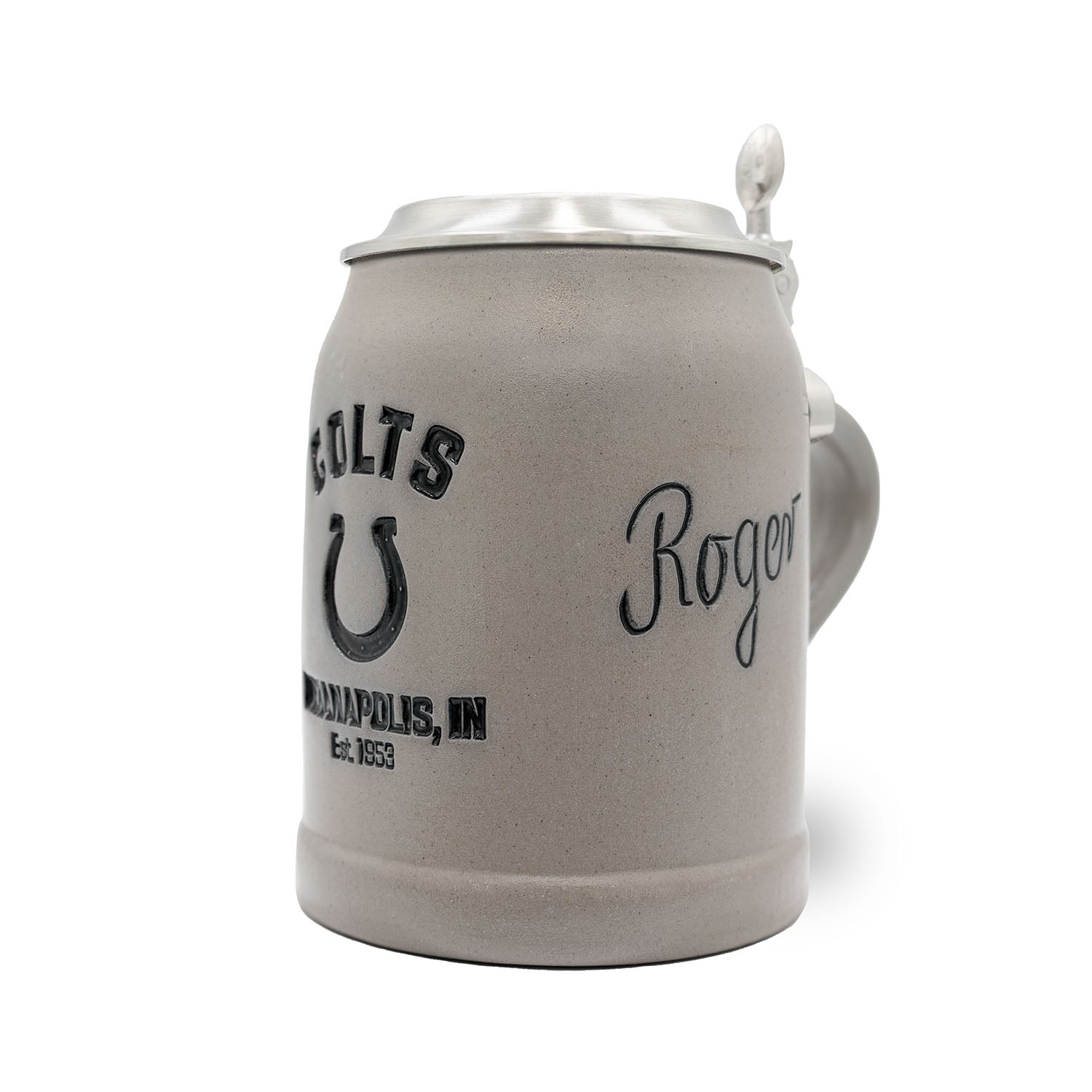 NFL Bierkrug aus Steingut mit Indianapolis Colts Logo, Zinndeckel, optional mit Gravur, Fassungsvermögen 0,5 l