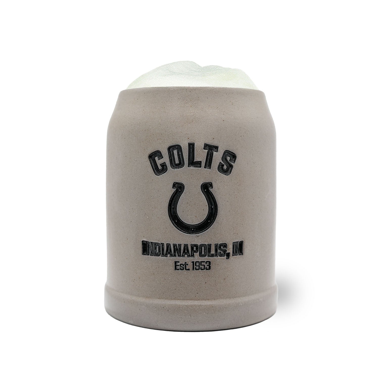 Handgefertigter Steinkrug mit Indianapolis Colts Logo, optional personalisierbar, Henkel, glatte Oberfläche, 0,5 l.