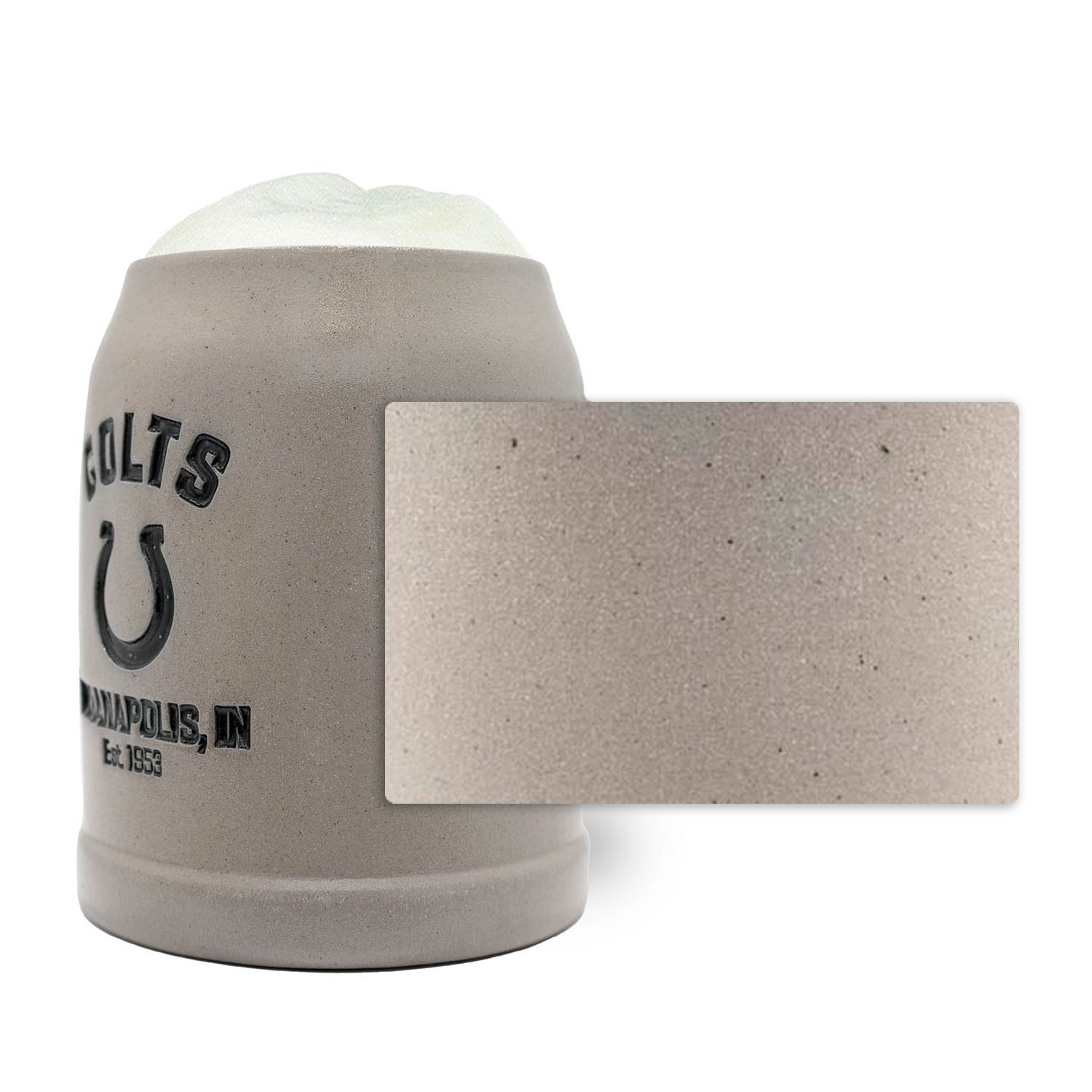 Steinkrug mit Indianapolis Colts Logo, optionalem Zinndeckel und individueller Gravur, Fassungsvermögen 0,5 l.