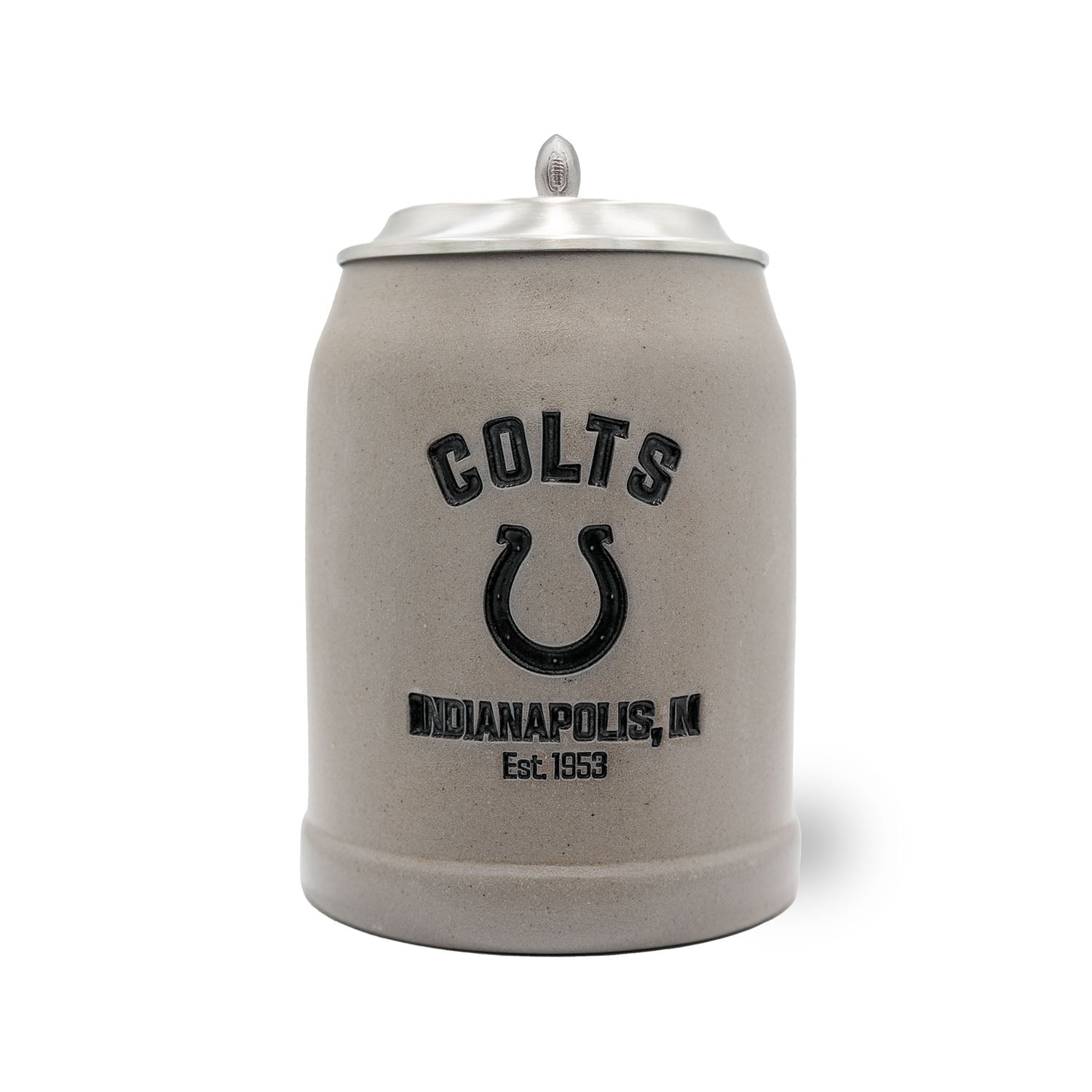 Traditioneller Bierkrug aus Steingut mit Indianapolis Colts Logo, Zinndeckel und optionaler Gravur, 0,5 Liter.